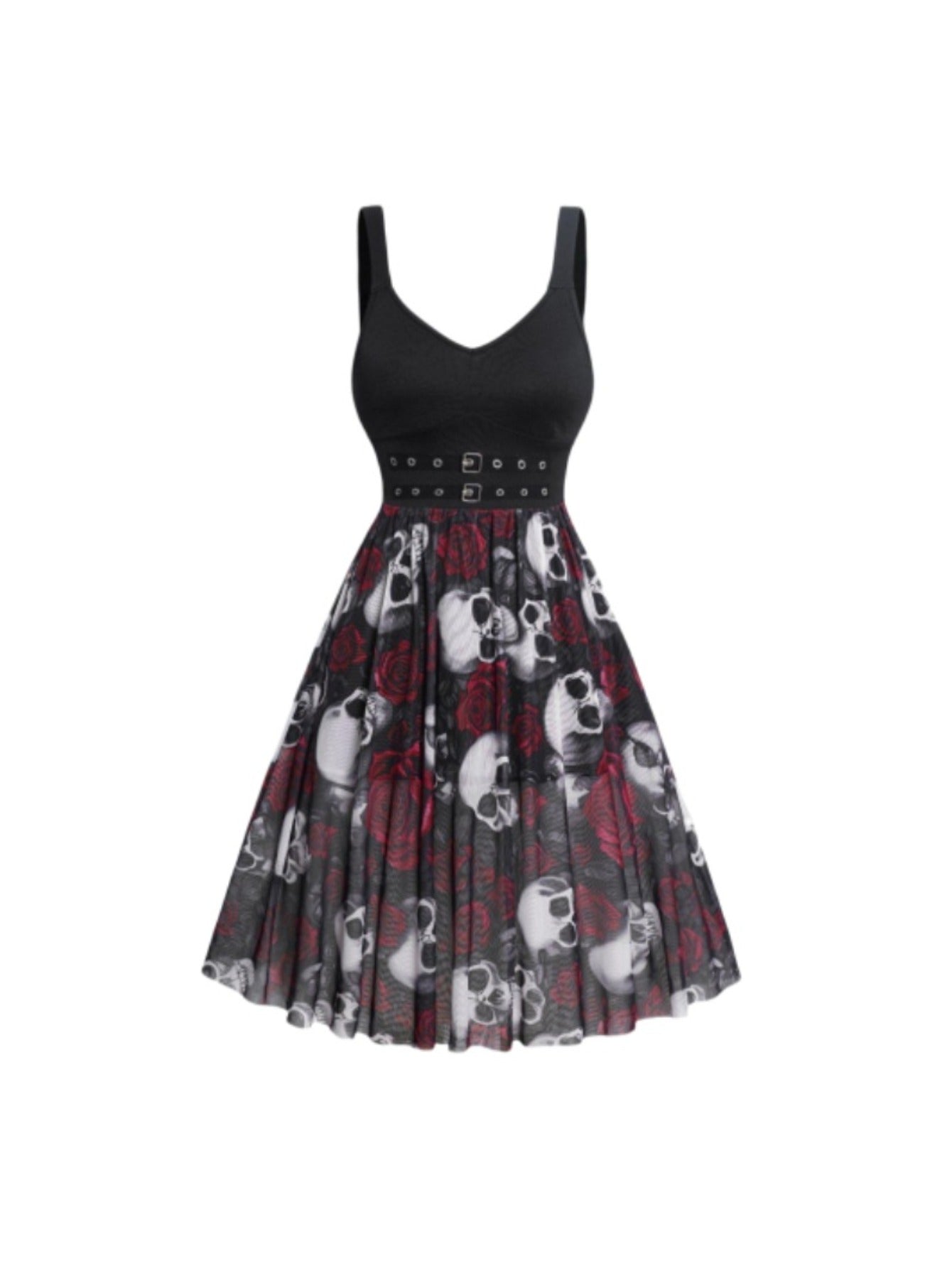 Women'S Halloween Party Dress - Gothic Skull Floral print in Black/Red/, Sleeveless V-Neck Formal Costume, Easy-to-Wear Party Outfit for Halloween, Gothic Events & Themed Parties - Adult Women'S Halloween Attire, Halloween Cl