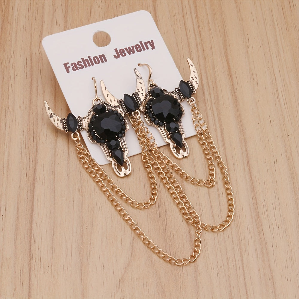 Gothic Western Vintage Tassel Rhinestone Bull Head Long Earrings for Women's Party Casual Fashion Jewelry