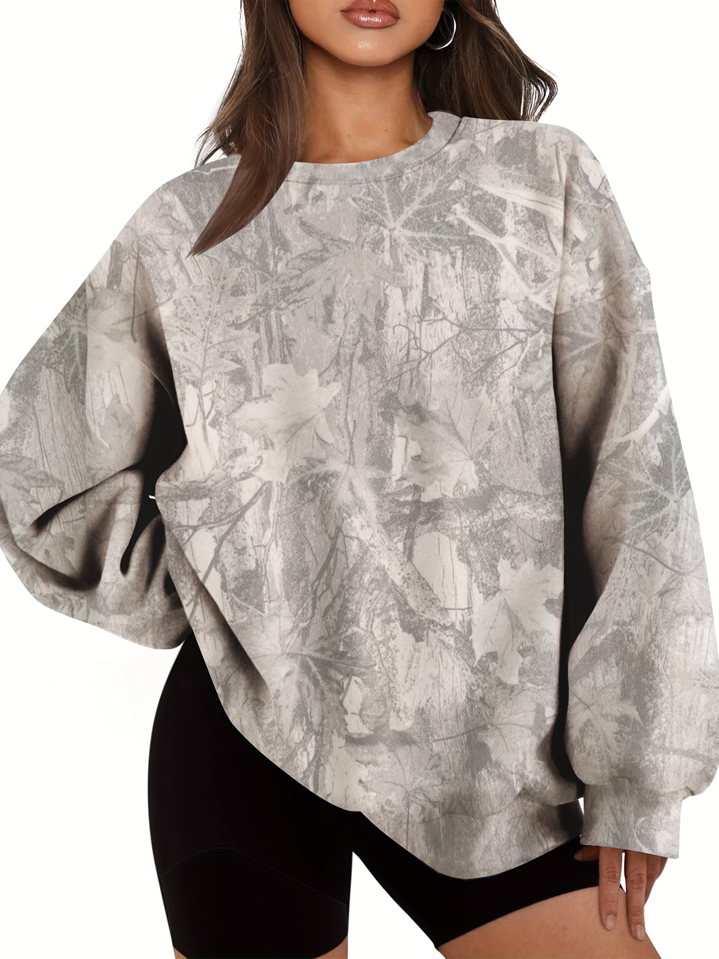 Women'S Oversized Camo Sweatshirt - Long Sleeve, Loose Fit, Green & Black Leaf Pattern, Casual Pullover with Ribbed Cuffs, All-Season Comfort, Casual Wear | Relaxed Fit Top | Construction, Sweater Hoodie