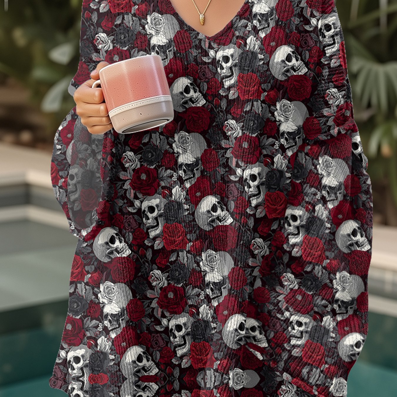 Women's Gothic Boho V-Neck Sweater - Oversized Loose Fit Long Sleeve Pullover with Asymmetrical Hem & Skull & Rose Print in Burgundy/Black/White/Gray - Cozy Fall Winter Sweater for Casual & Formal Outfits, Breathable H-Line S