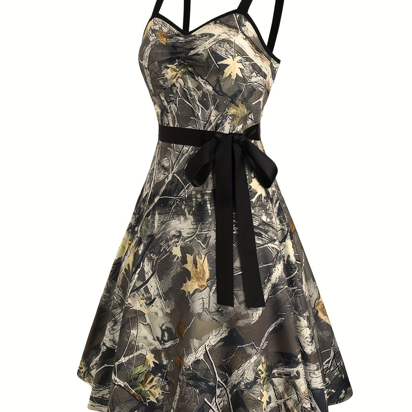 Women's Casual Sleeveless Off-Shoulder Mini Dress with Leaf & Branch Camo Print, Adjustable Waist Tie Belt, Ruched Bust Detail - Machine Washable Stretchy for Spring Summer Fall
