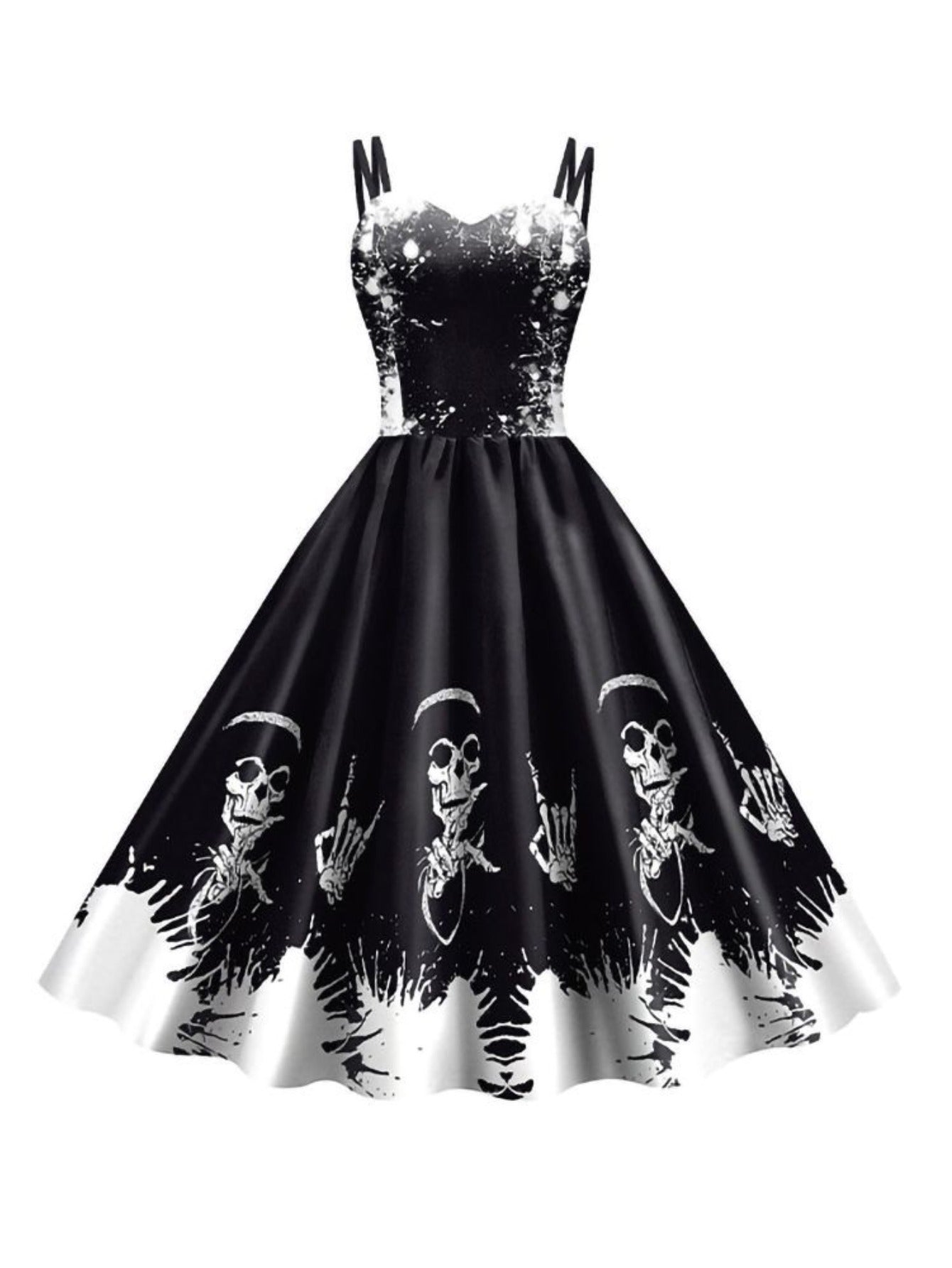 Women'S Gothic Victorian-Inspired Black & White Floral Print Suspender Dress Costume - Sleeveless A-Line Mid-Length with Ruffled Hem & V-Neck, Structured H-Line Silhouette for Halloween Carnival Party, Themed Events - Breatha
