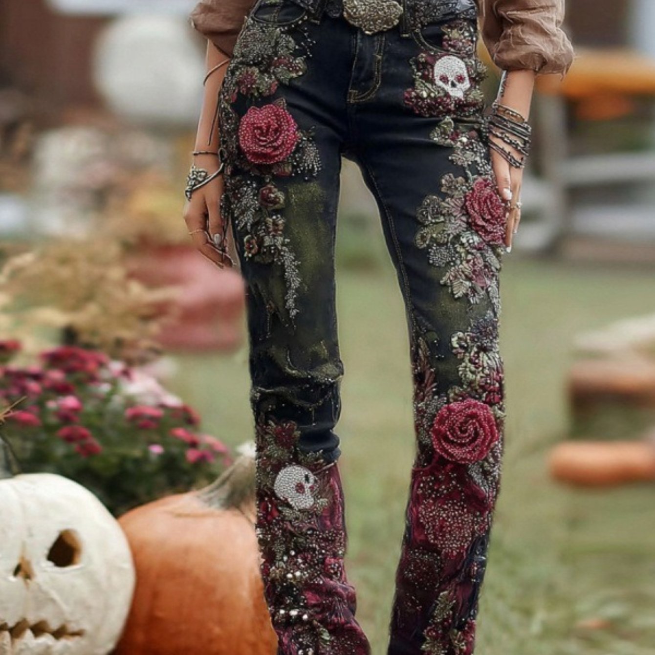 Women's Glow in The Dark Skeleton Jeans - 3D /Blacklight Reactive Light Up Bone & Skull Print, High Waisted Stretch Skinny Denim Pants for Gothic Rave Party Outfits, Nightclub Wear & Year-Round Costume