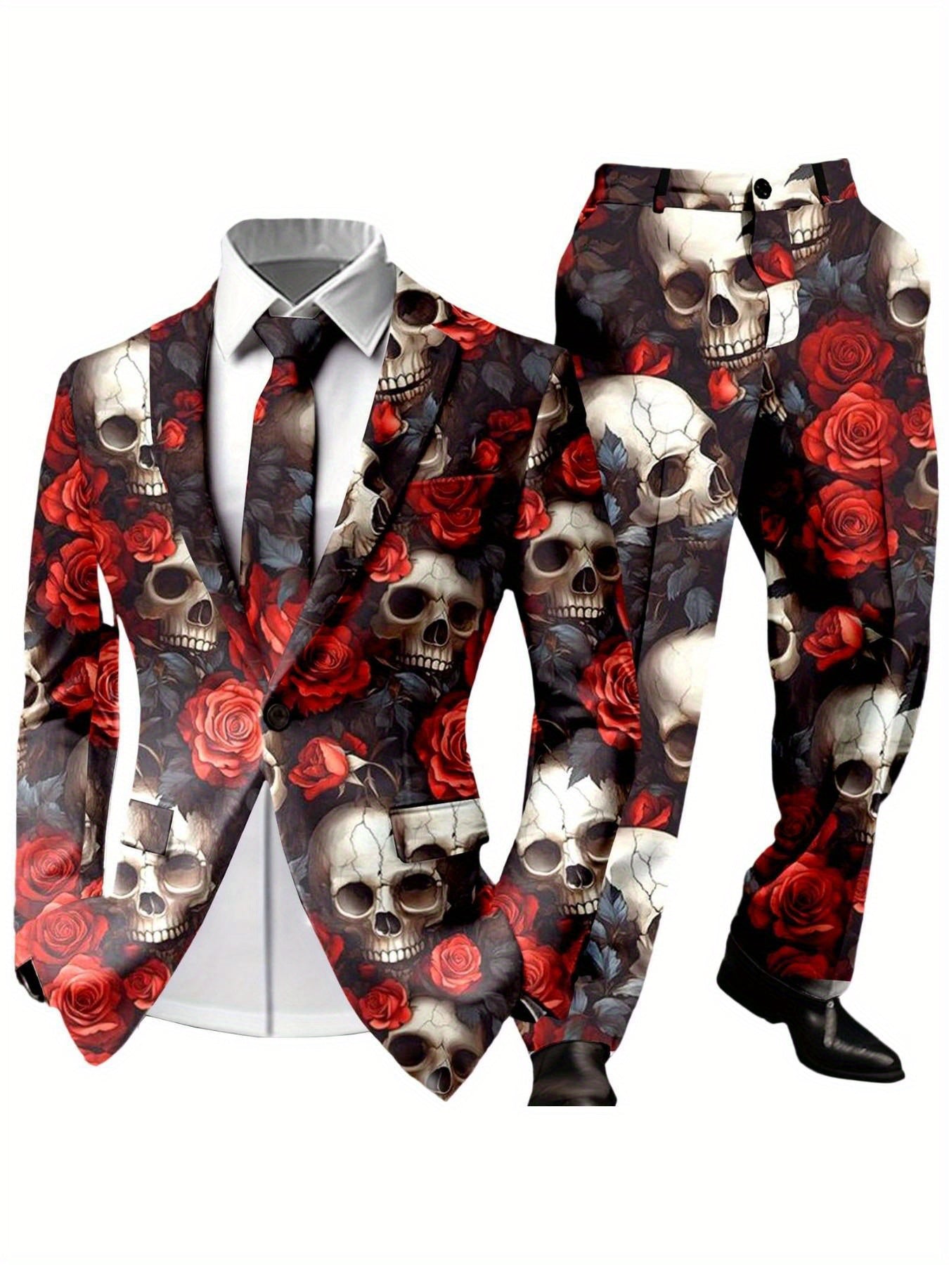 Men'S Halloween Gothic Skull & Rose Print Suit - Slim-Fit Tuxedo-Style Party Suit with Black/Red Contrast, All-Season Formal Attire for Themed Events, Costume Balls & Casual Outfits - Unique Statement Piece for Men, Elegant S