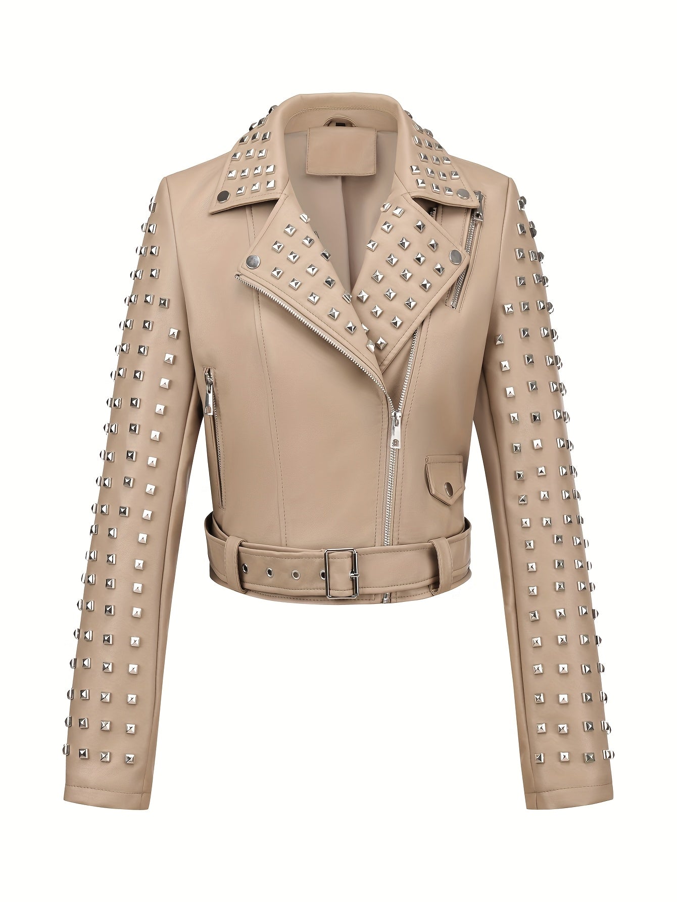 Women'S Simple Versatile Faux Leather Square Nail Style Motorcycle Jacket Coat with Belt, Faux Leather, Polyester 92.00%, Viscose 8.00%, Solid Color, Casual Biker Style, Woven, 60g/㎡ Lining Weight