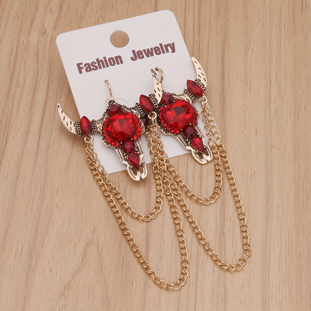 Gothic Western Vintage Tassel Rhinestone Bull Head Long Earrings for Women's Party Casual Fashion Jewelry