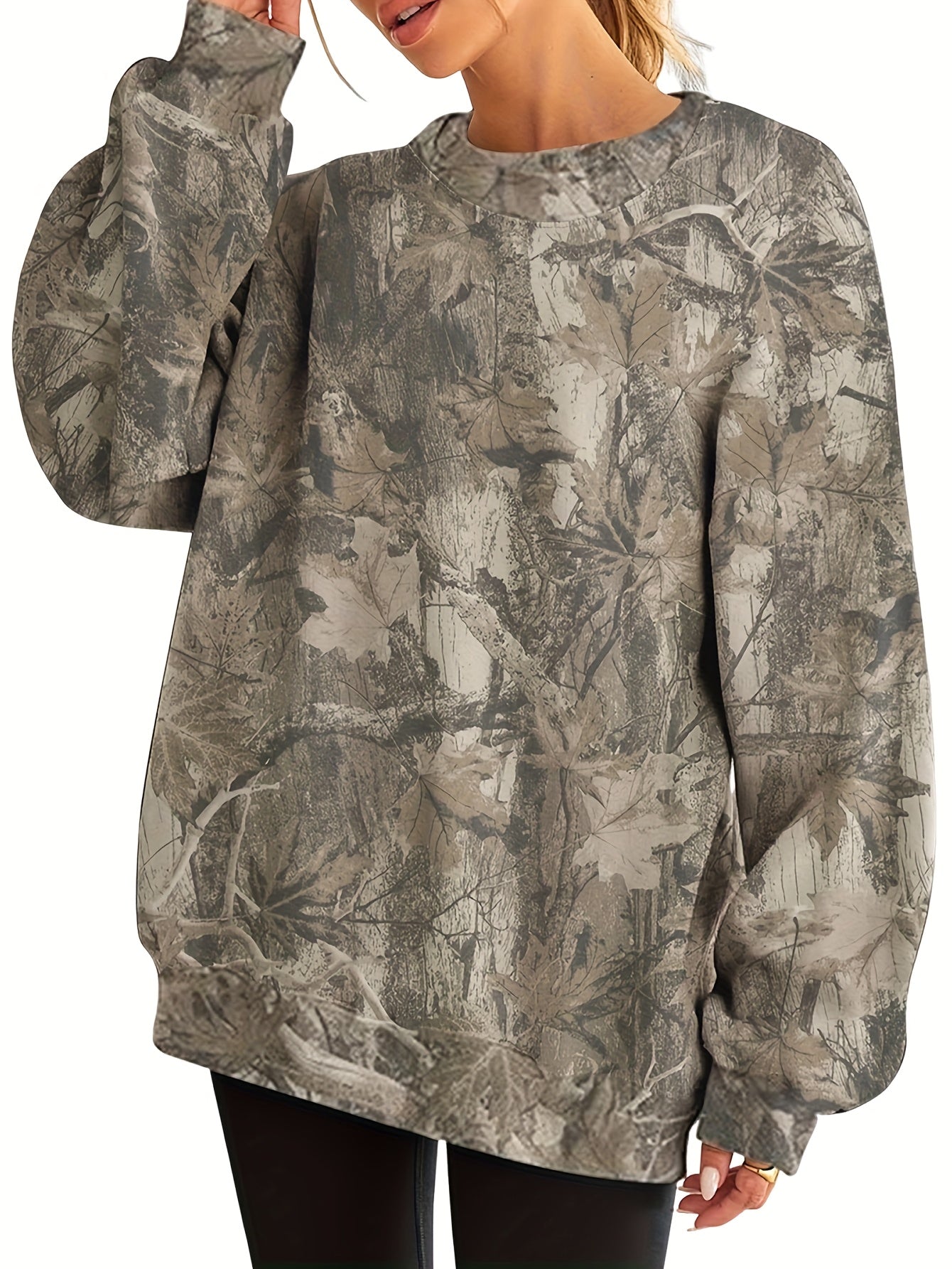 Women'S Oversized Camo Sweatshirt - Long Sleeve, Loose Fit, Green & Black Leaf Pattern, Casual Pullover with Ribbed Cuffs, All-Season Comfort, Casual Wear | Relaxed Fit Top | Construction, Sweater Hoodie