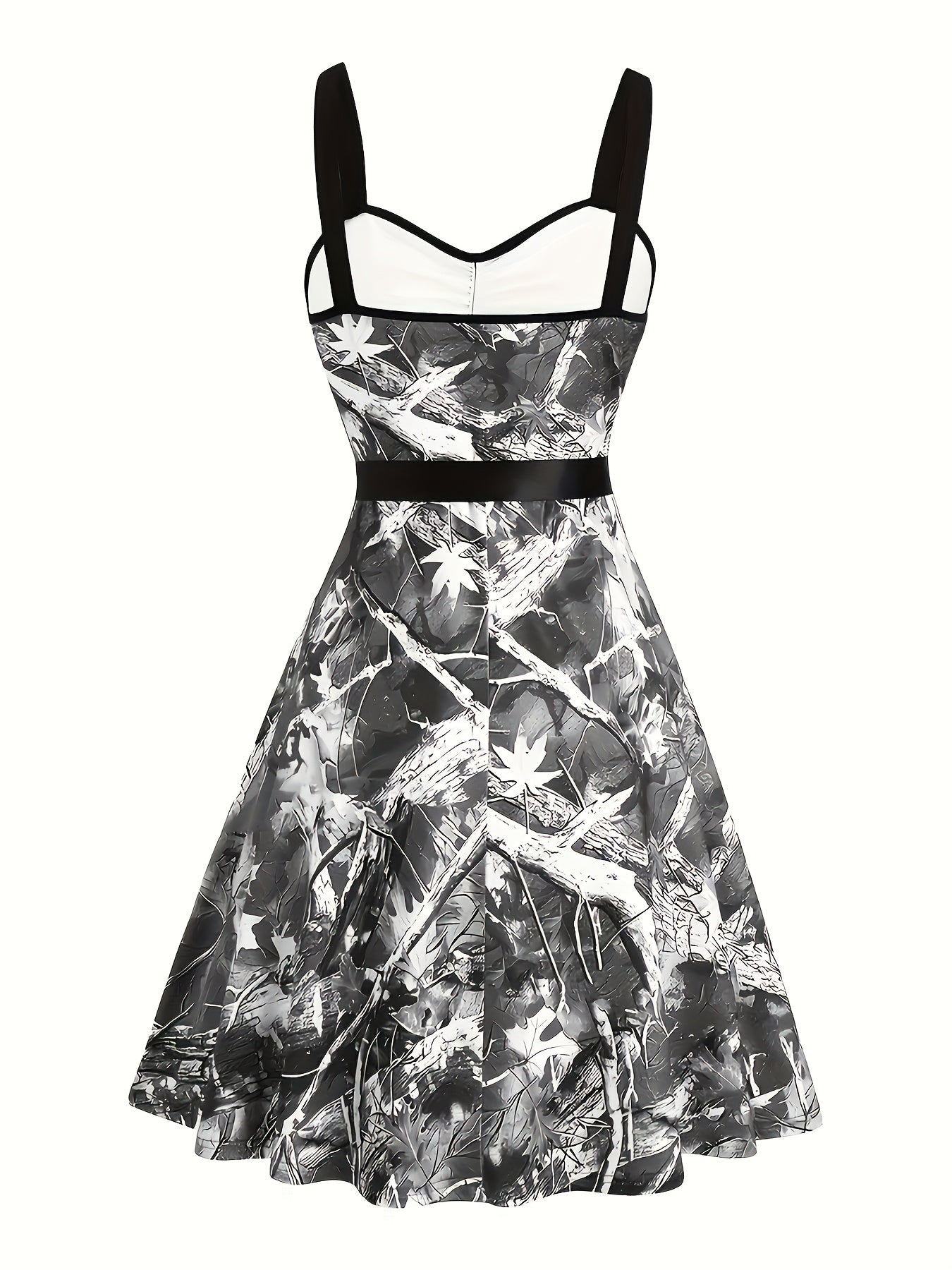 Women's Casual Sleeveless Off-Shoulder Mini Dress with Leaf & Branch Camo Print, Adjustable Waist Tie Belt, Ruched Bust Detail - Machine Washable Stretchy for Spring Summer Fall
