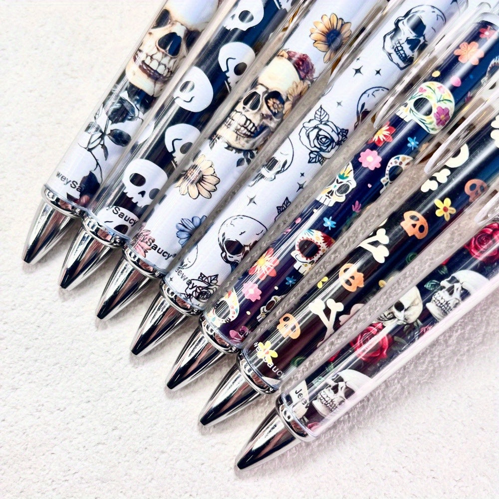 7pcs 7pcs Day of the Dead Skull Magnetic Gift Round Ballpoint Pen - Skull Flower Reading Black Ink Writing Pen, Suitable for Women Book Lovers Office Teachers Writing Supplies