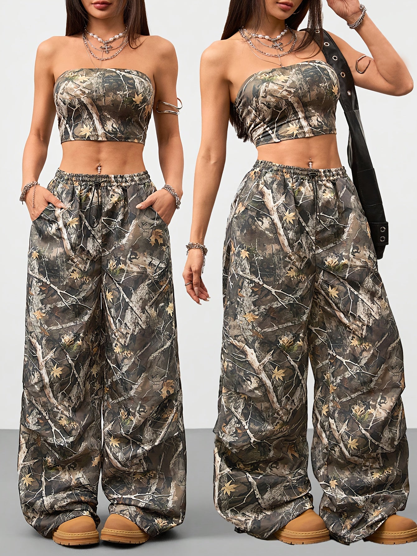 2pcs Women'S Camo Print Two-Piece Set - Sleeveless Crop Top & Wide-Leg Pants with Drawstring Waist, Brown & Black Leaf Pattern, Casual Spring/Summer Outfit, Outdoor Clothing | Relaxed Fit Pants | Drawstring Waistband