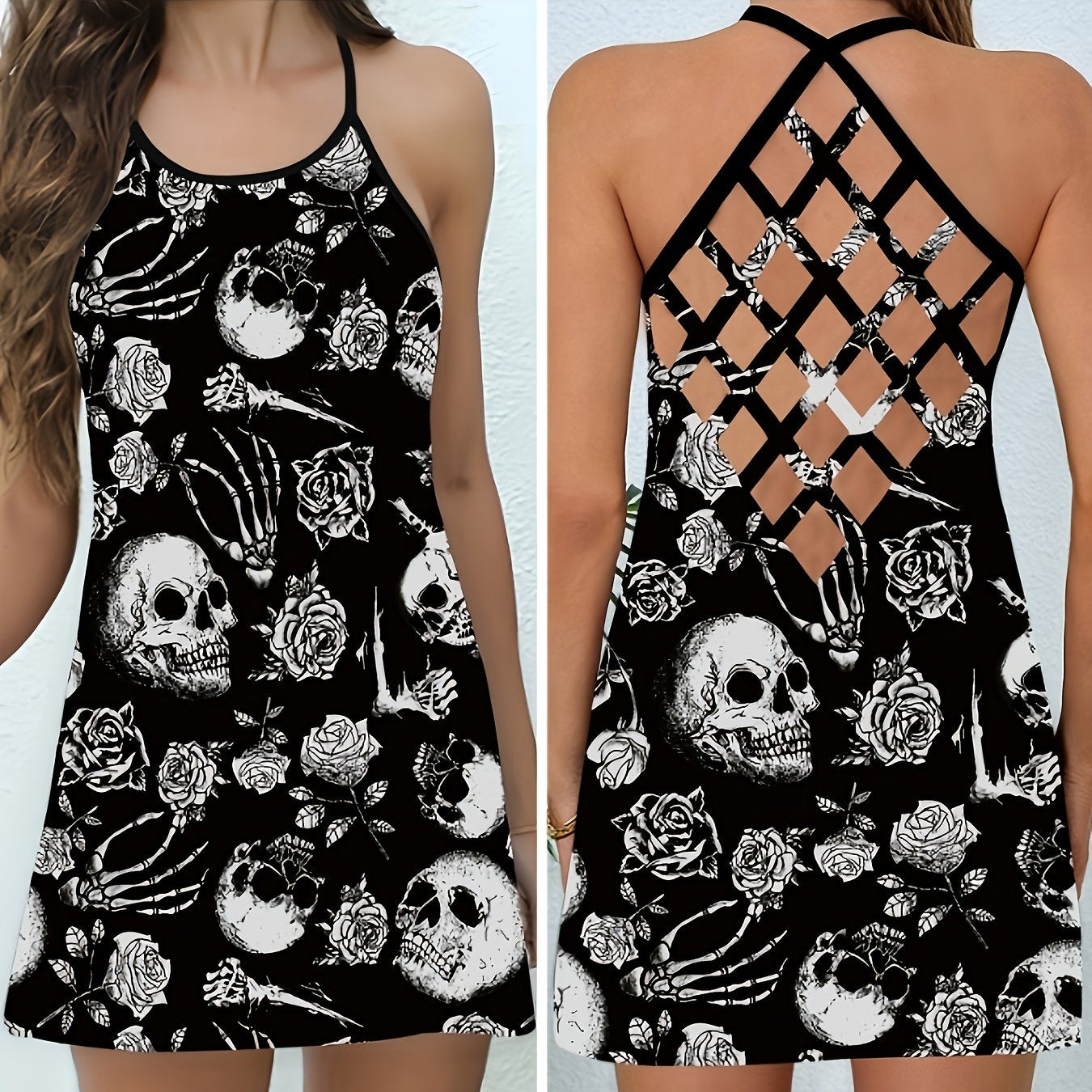 Halloween Eye-Catching Must-Have: Hot European and American Style Rose Skull Backless Spaghetti Suspender Dress, High Waist for Holidays, Date Nights, Weddings & Beach Vacation Sexy Hollow Print