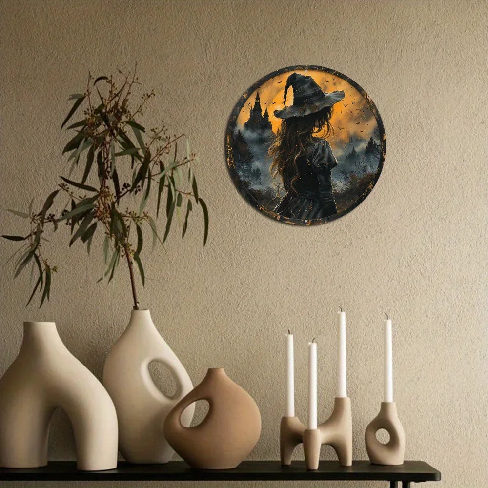 Gothic Witch Themed Art Deco, Metal Round Flat Sign, Unique Office Room, Home Door Decoration, Holiday Gift Idea, Wall Art Decor