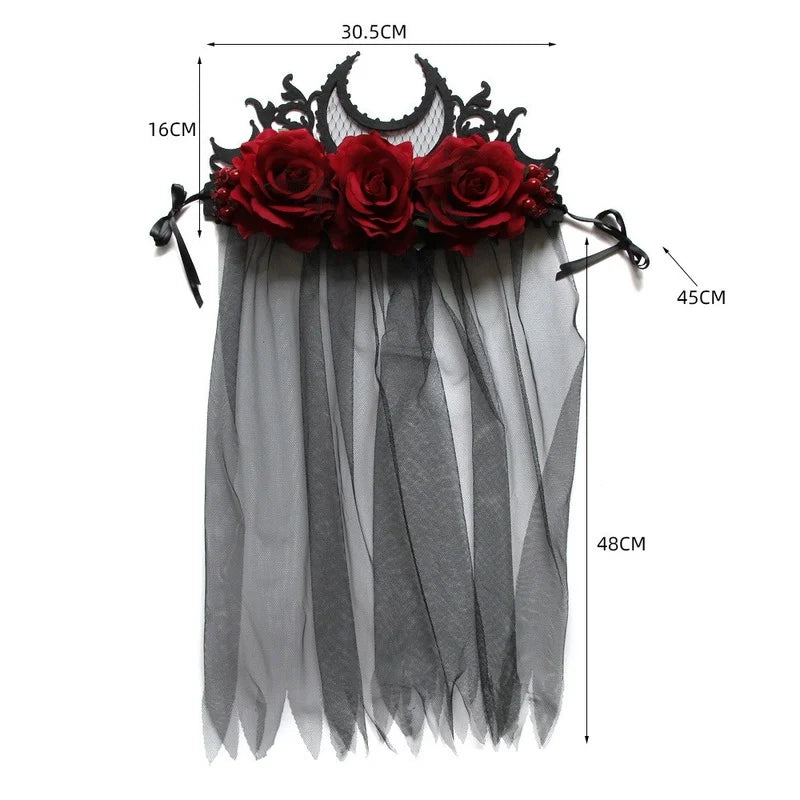 Gothic Tiara Crown Black Red Rose Headband Halloween King Bride Headdress Witch Cosplay Headdress Masquerade Party Headwear