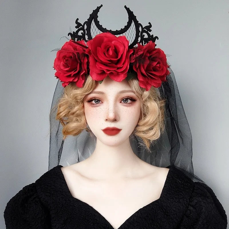 Gothic Tiara Crown Black Red Rose Headband Halloween King Bride Headdress Witch Cosplay Headdress Masquerade Party Headwear