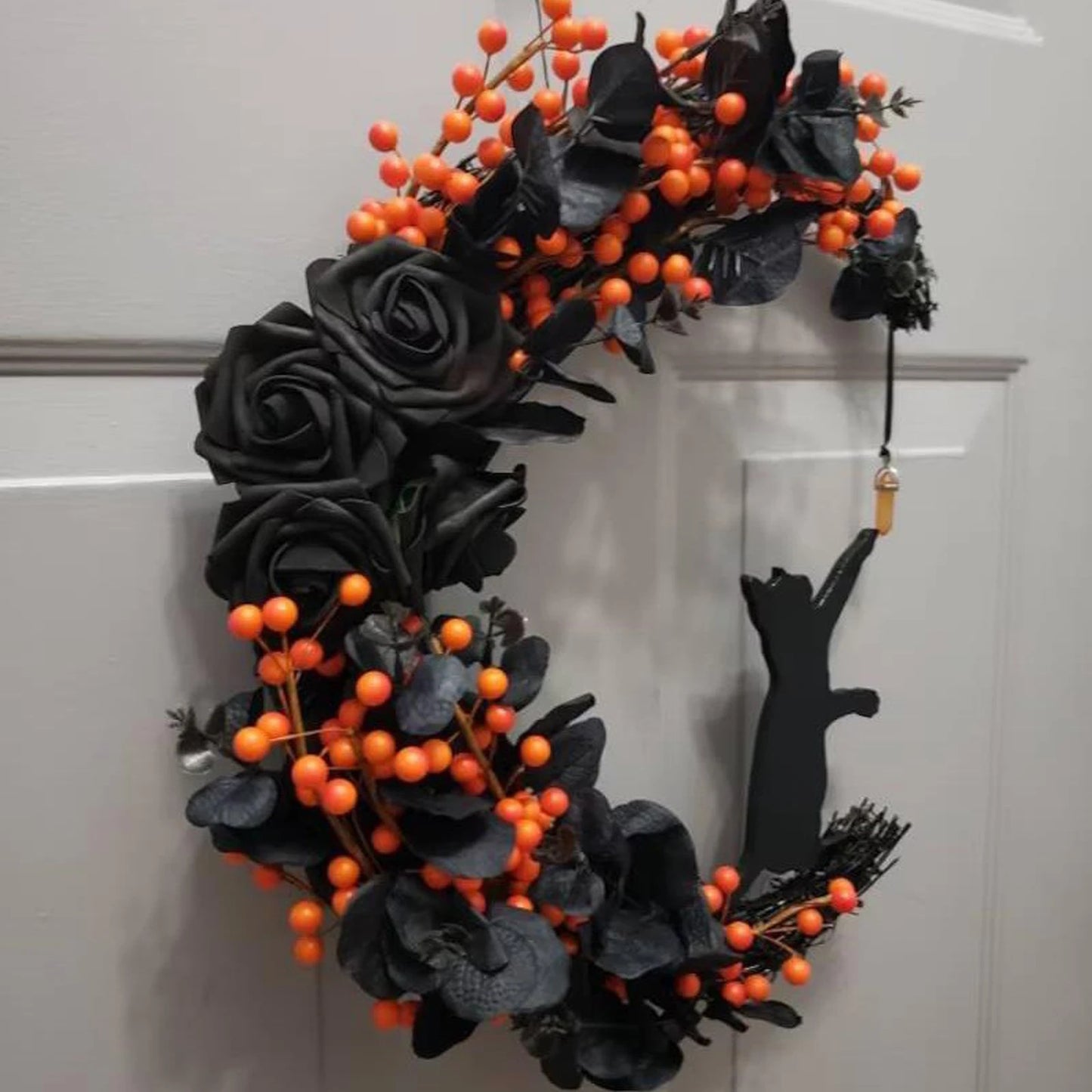 Halloween Gothic Rose Moon Cat Wreath Halloween Door Decoration Crystal Moon Wreath