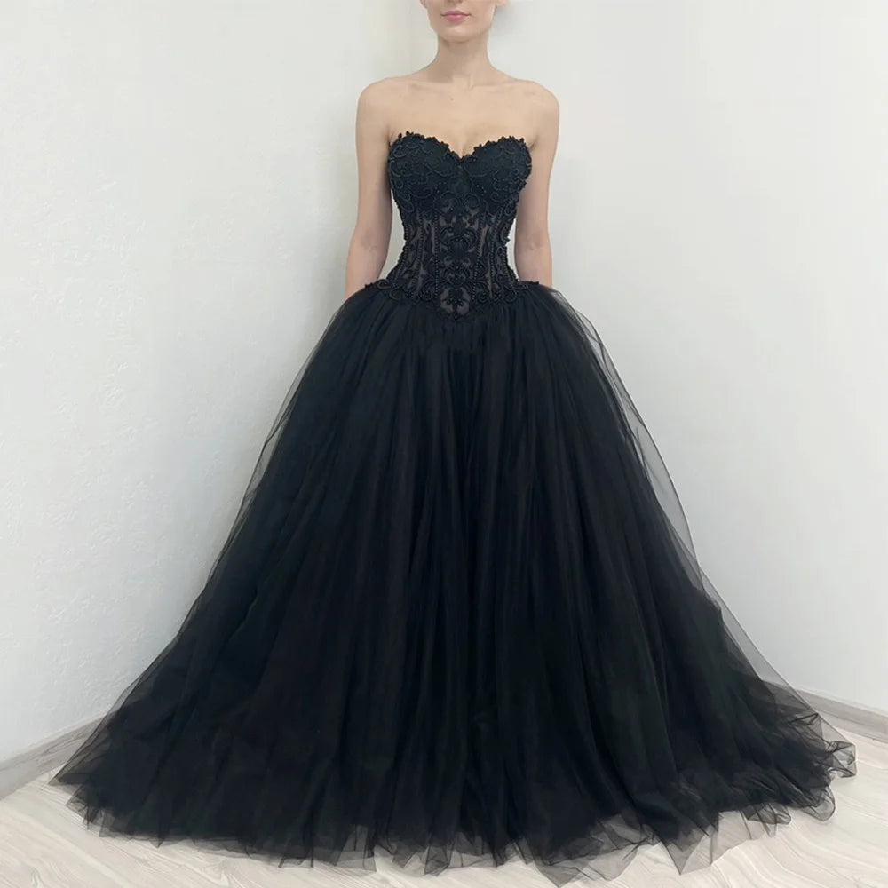 Pearls Gothic Wedding Dress Customized Sweetheart Applique Ball Gown Corset Bride Dresses Robe Mariee Black Wedding Gowns