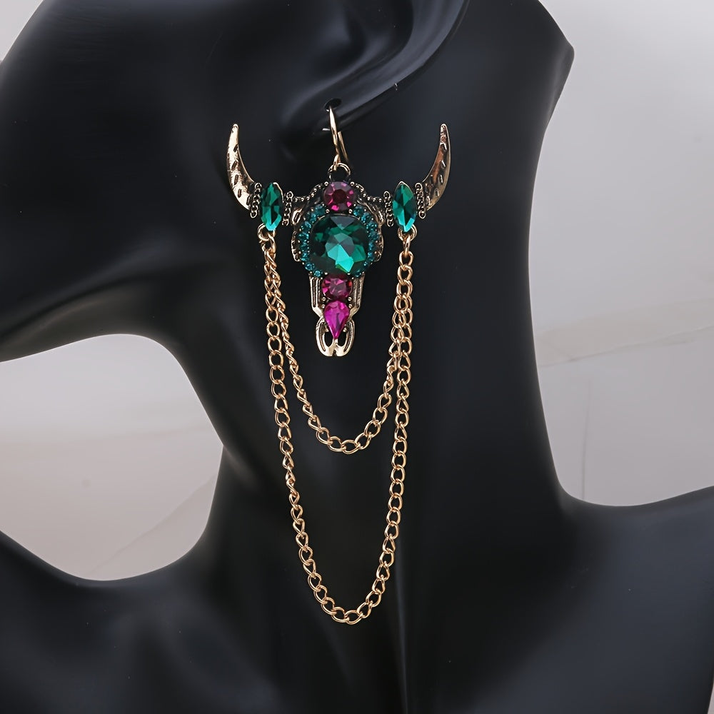 Gothic Western Vintage Tassel Rhinestone Bull Head Long Earrings for Women's Party Casual Fashion Jewelry