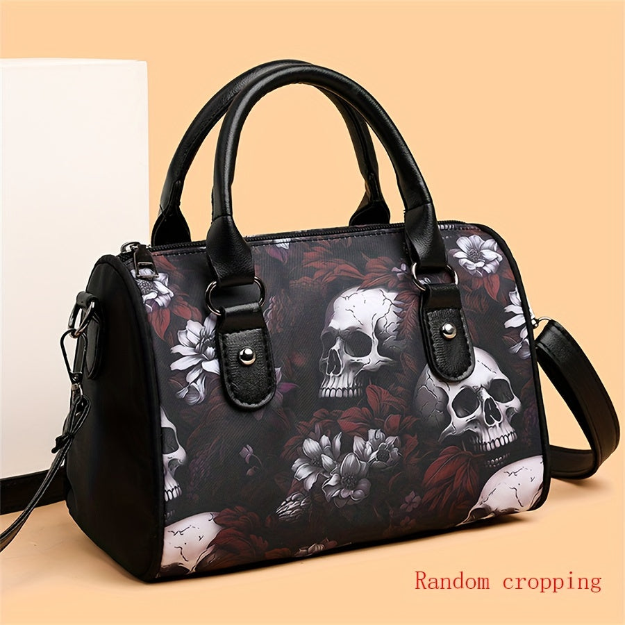 Skull Flower Pattern Handbag, Gothic Boston Shoulder Bag, Halloween Crossbody Bag For Women