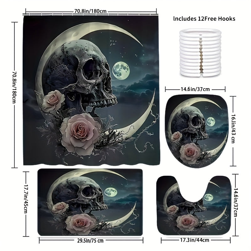 1/4pcs Creative Skull and Moon Bathroom Set, Full Set, Non-Slip Bath Mat, U-shaped Carpet, Toilet Mat, High Quality Shower Curtain with 12 Durable Hooks, Exquisite Bathroom Decorations and Accessories, Suitable for All Styles