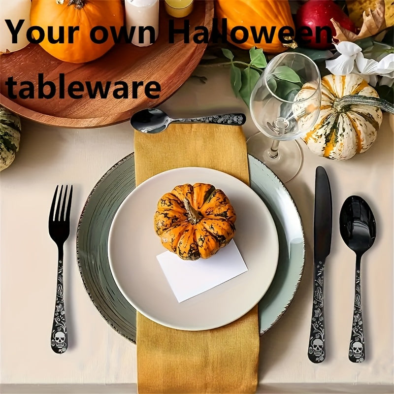 16/24pcs Gothic Design Cutlery Service for 4/6/8, Premium Stainless Steel Flatware Includes Spoon Fork And Knife, Cool Silverware with Skull&Rose Pattern, Nice Gift for Dark&Rock Lover/Halloween/Day of The Dead/Cinco De Mayo/