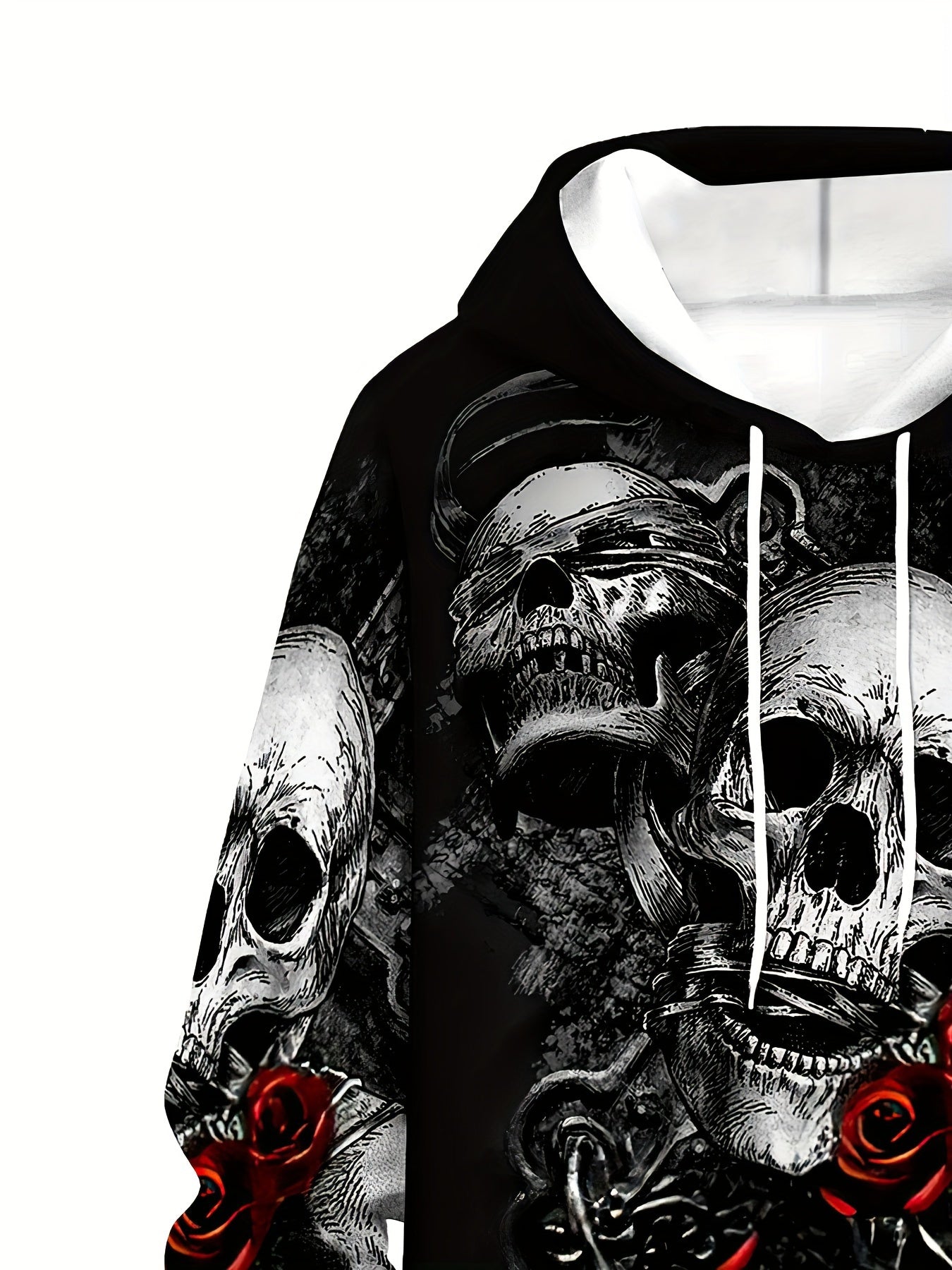 Men'S Gothic 3D Skull & Rose Print Hooded Sweatsuit - Full-Zip & Matching Joggers Set, Stretch Polyester Tracksuit with Pockets, Regular Fit Casual Outdoor Hiking & Casual Attire, Spring/Fall Themed Outfit (Skull & Rose Desig