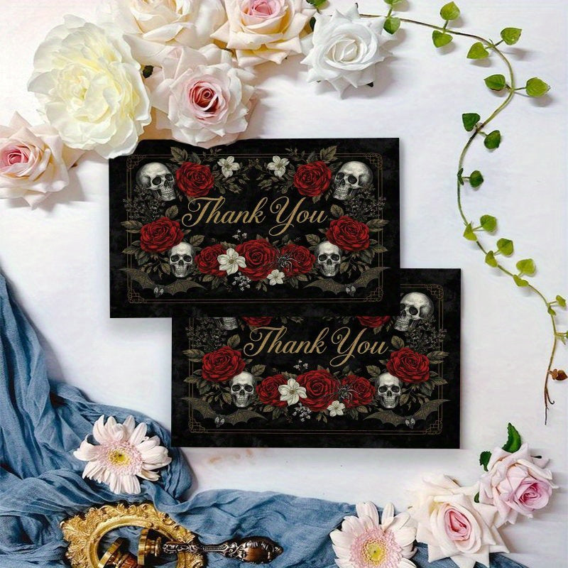 100pcs Gothic Skull Rose Thank You Cards - Elegant Black & Red Floral Design with "Thank You" Message, Perfect for Halloween, Business, and Thank You Notes - Ideal for Adults and Teens, Halloween Decorations
