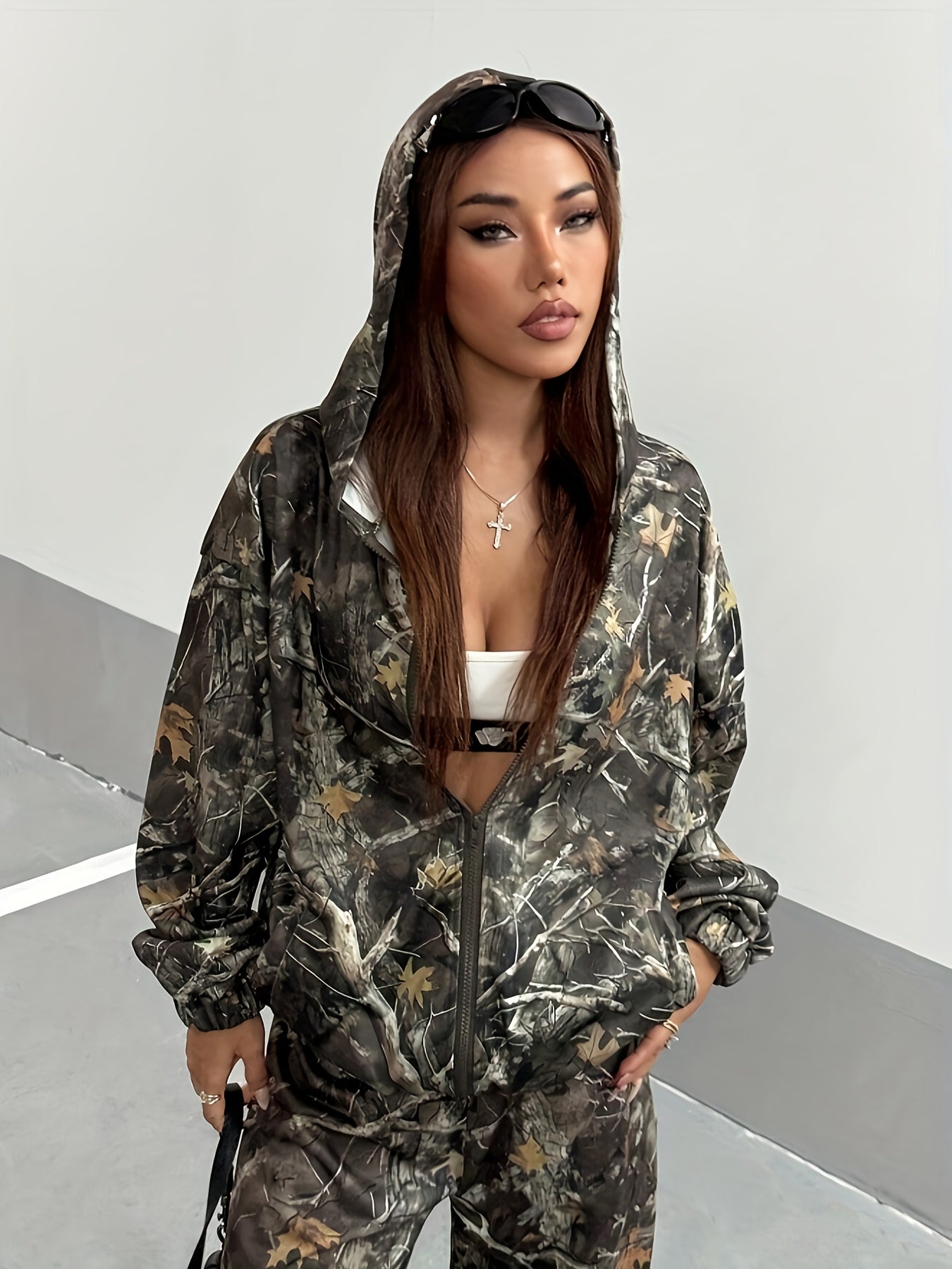 Y2K Women's Autumn-Winter Retro Leaf Print Hooded Loose Sweatshirt Two-Piece Set