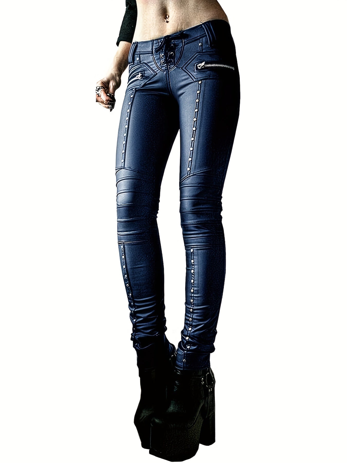 Women's Gothic Punk Skinny Leggings - High-Waisted PU Motorcycle Trousers with Lace-Up Details, Rock Club Style, Black, Stretchy & Comfortable Fit for Spring/Fall