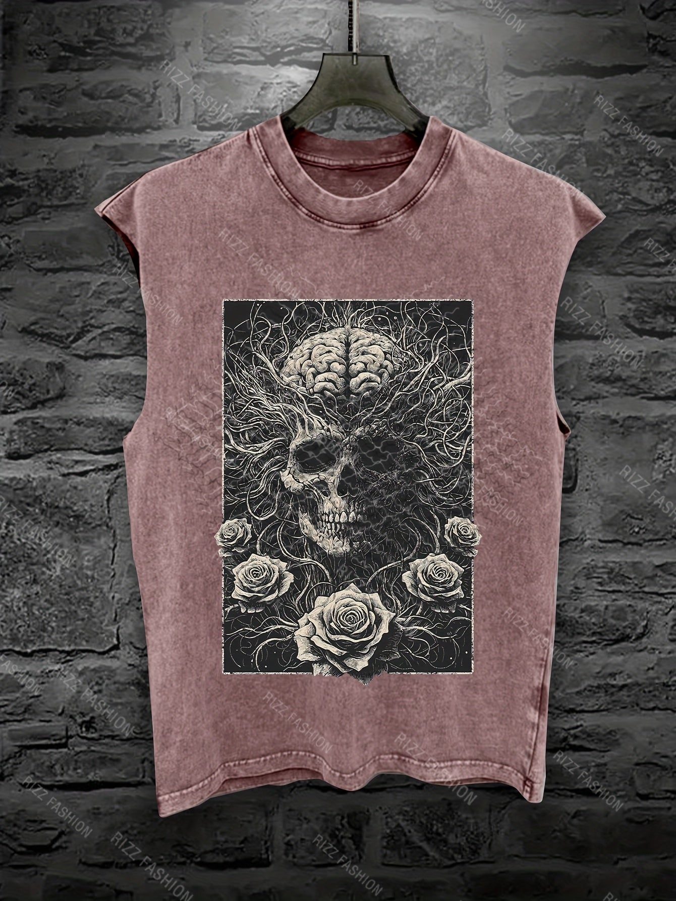 Men'S Gothic Sleeveless Vest - Dark Skeleton & Rose Print Streetwear Punk Style Loose Fit Washed Top | Edgy Skull & Rose Design with Intricate Bone & Bat Wing Patterns | Summer Outdoor Casual Wear, Concerts, Gothic Outfits |