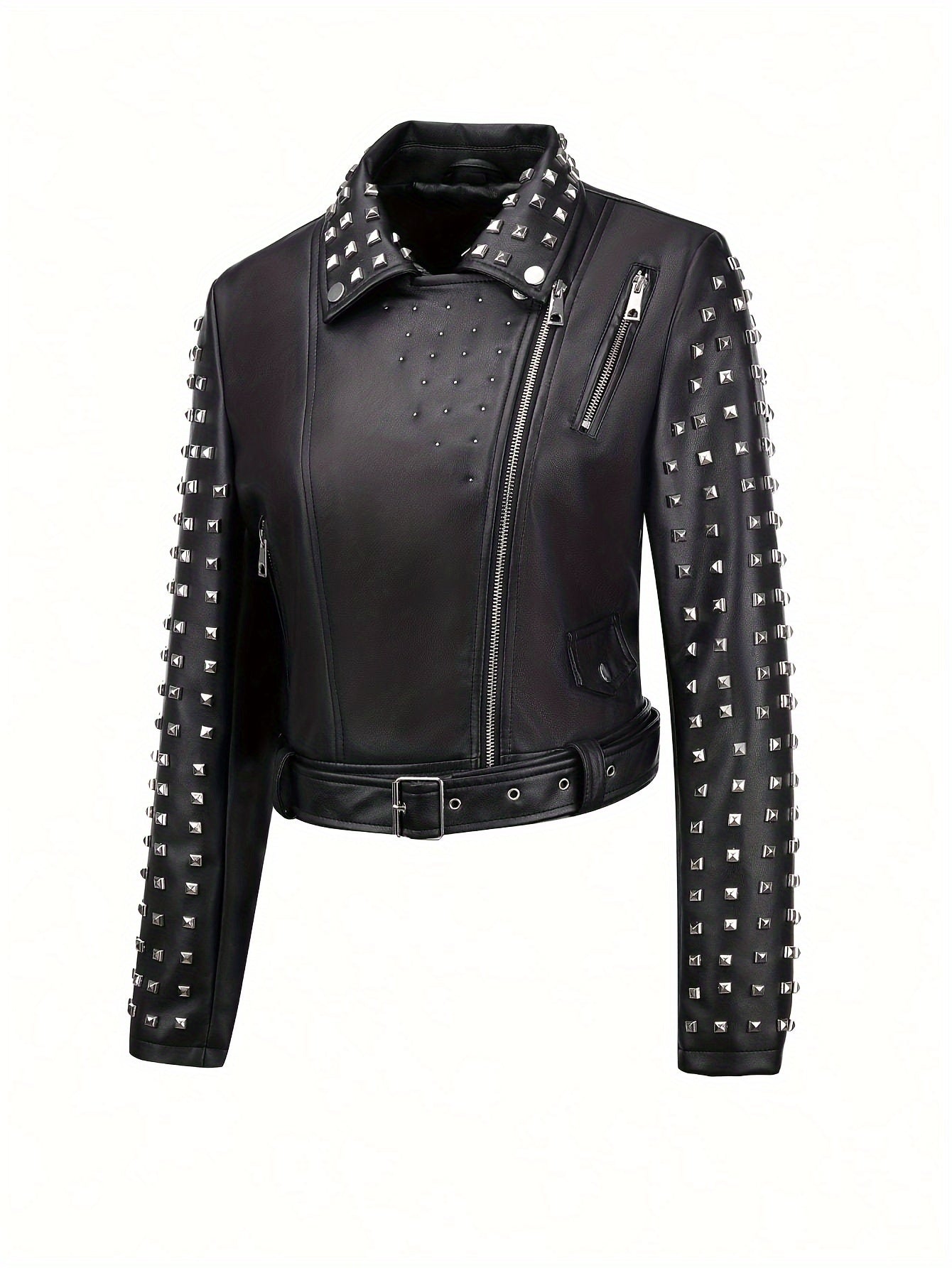 Women'S Simple Versatile Faux Leather Square Nail Style Motorcycle Jacket Coat with Belt, Faux Leather, Polyester 92.00%, Viscose 8.00%, Solid Color, Casual Biker Style, Woven, 60g/㎡ Lining Weight