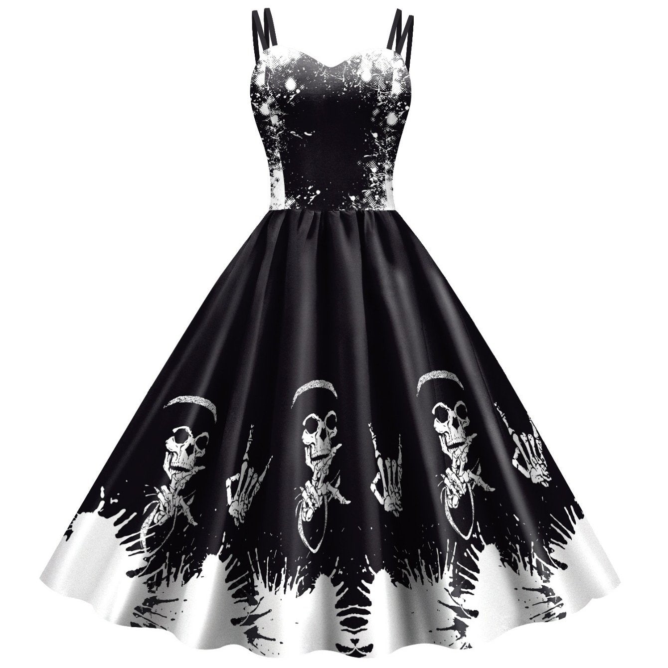 Women'S Gothic Victorian-Inspired Black & White Floral Print Suspender Dress Costume - Sleeveless A-Line Mid-Length with Ruffled Hem & V-Neck, Structured H-Line Silhouette for Halloween Carnival Party, Themed Events - Breatha