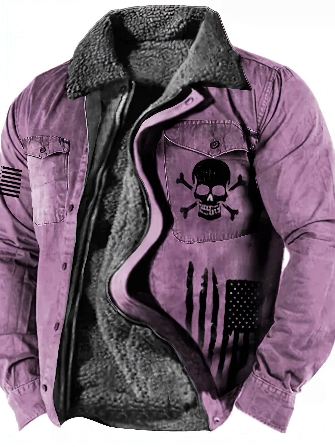 Men's Gothic Skull & Biker Jacket - Heavy-Duty Winter Coat with Full-Zip Front, Thermal Lining - Machine Washable Outerwear for Motorcycle Riding, Casual & Formal Events - Purple & Black Gothic Style Jacket with Skull Print,