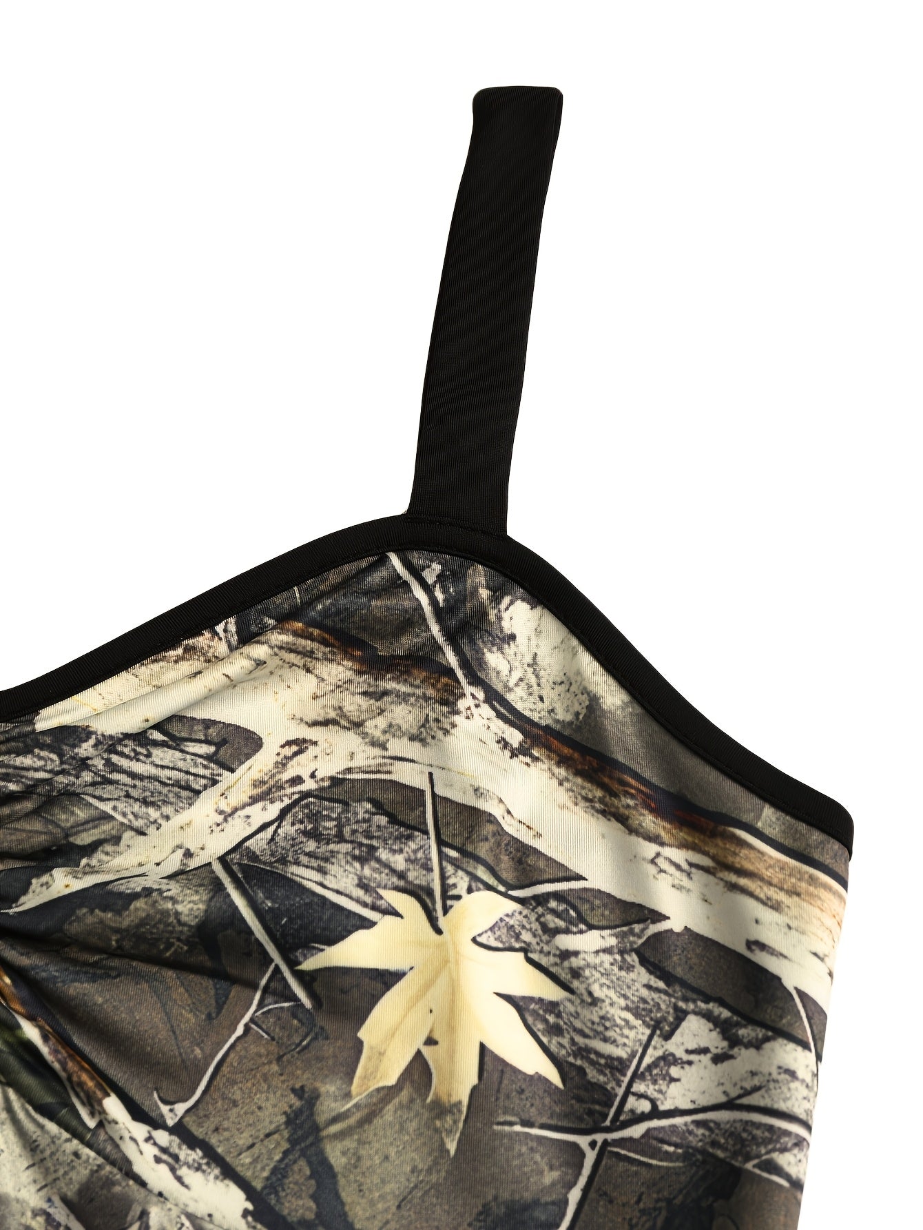 Women's Casual Sleeveless Off-Shoulder Mini Dress with Leaf & Branch Camo Print, Adjustable Waist Tie Belt, Ruched Bust Detail - Machine Washable Stretchy for Spring Summer Fall