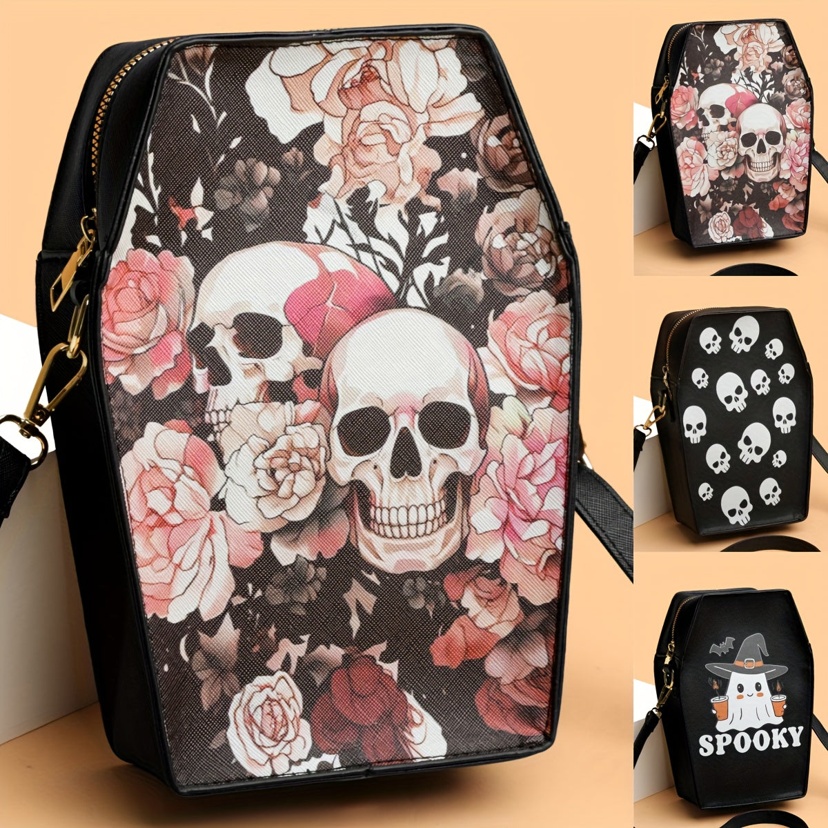 MINI Halloween Skeleton Coffin Women's Crossbody Bag, Thriller Horror Square Purse Black Punk Style Shoulder Handbag for Spooky Party Evening Event Cell Phone Pouch Lipstick Makeup Cosmetic Daily Street Shopping Movie Fan Gif