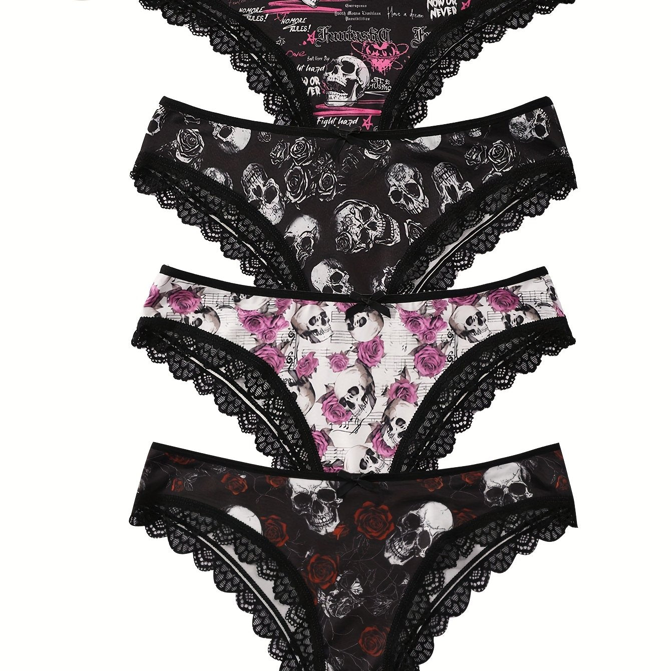 4pcs Women's Gothic Portraits Skeleton decorations & Ghost Costumes Print Panties,Halloween decor,Breathable High Elasticity Underwear, Sexy Ladies Lingerie Set, Halloween Gift Ideas.
