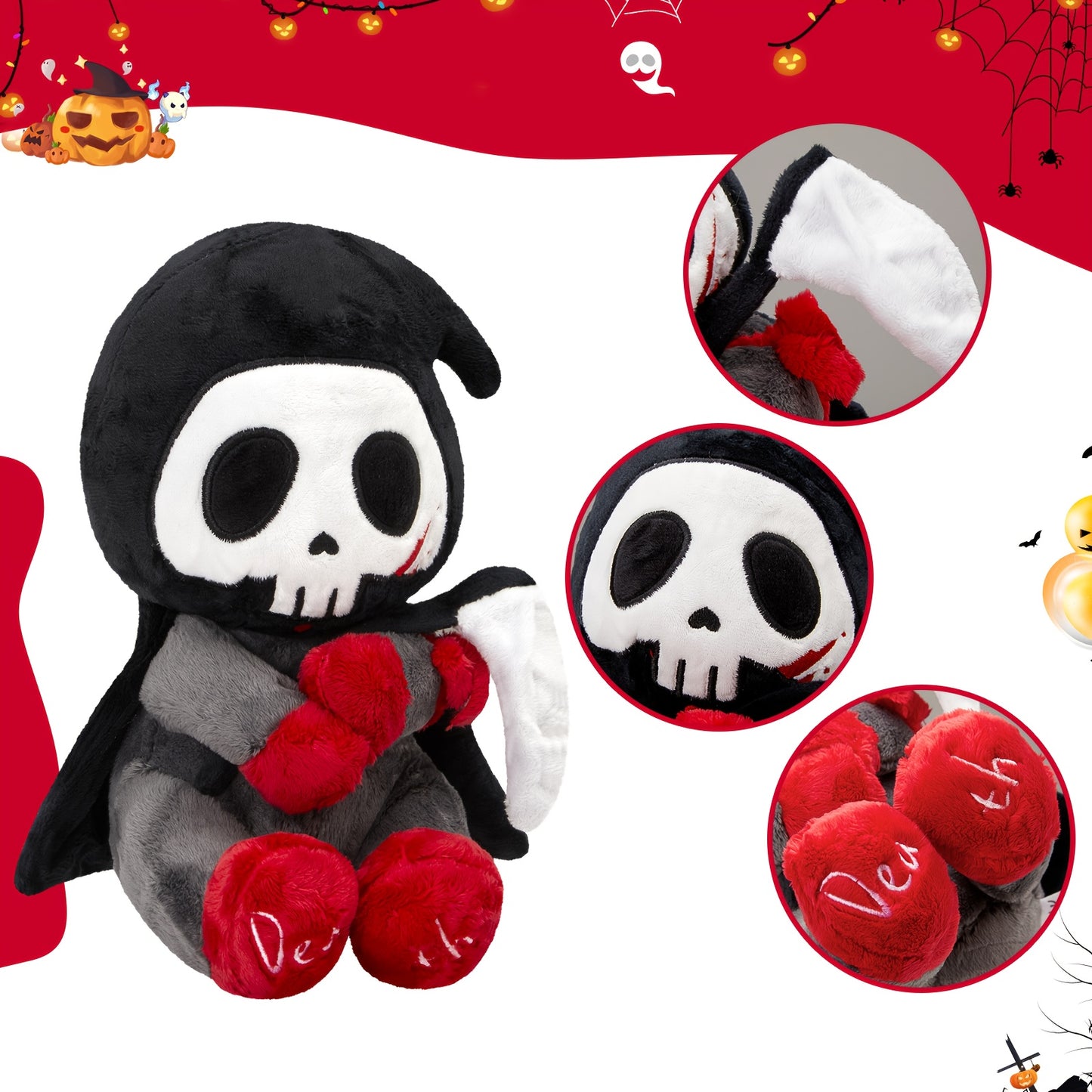 10" Otto Reaper Plush Toy, Halloween Skull Grim Reaper Stuffed Animal with Black Cape And Detachable Reaper Scythe, Funny Doll Skull Death Plushies Holiday Plush Toy Doll, Halloween Decor, Spooky Decor, Holiday Decoration, Go