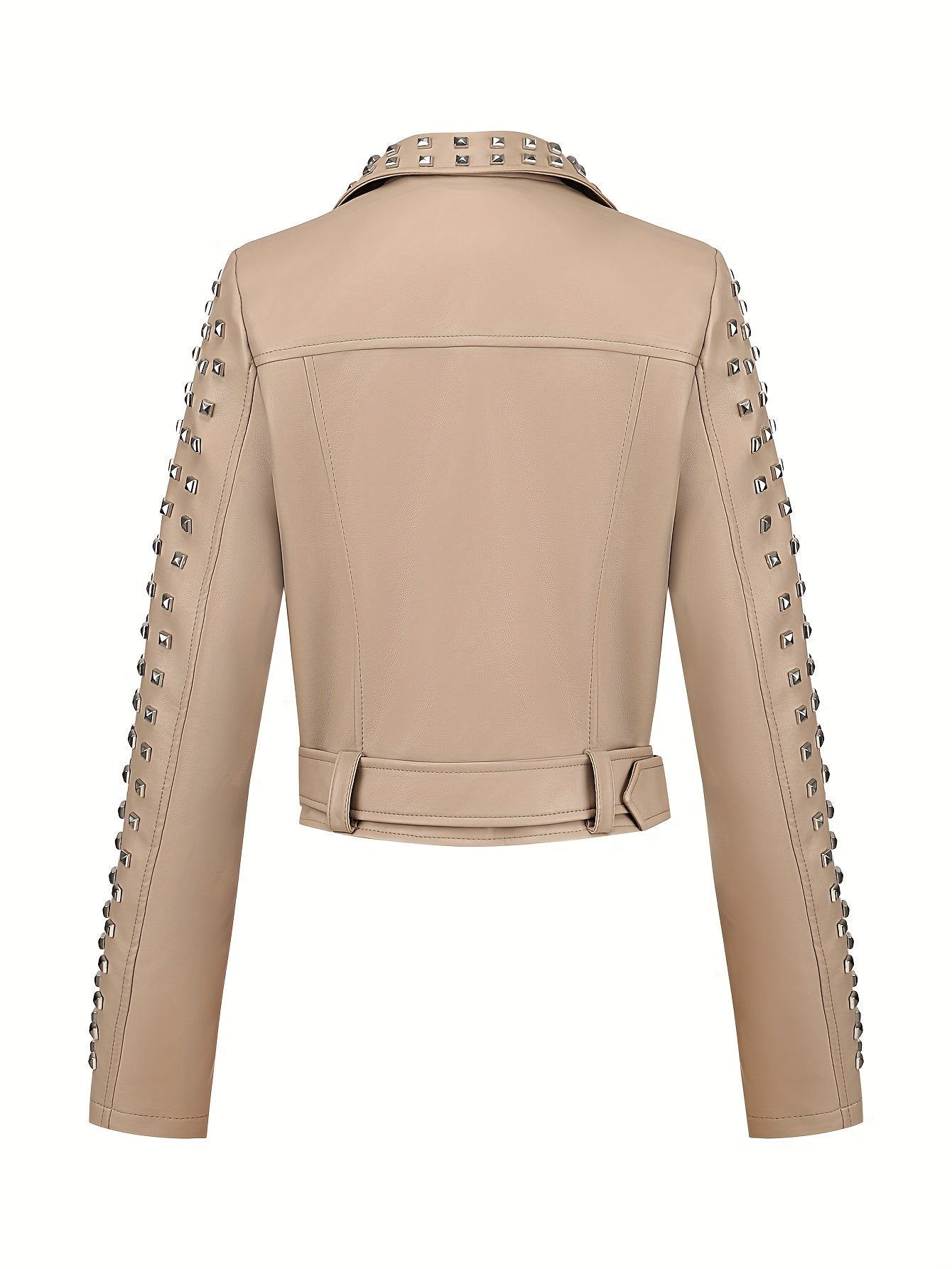 Women'S Simple Versatile Faux Leather Square Nail Style Motorcycle Jacket Coat with Belt, Faux Leather, Polyester 92.00%, Viscose 8.00%, Solid Color, Casual Biker Style, Woven, 60g/㎡ Lining Weight