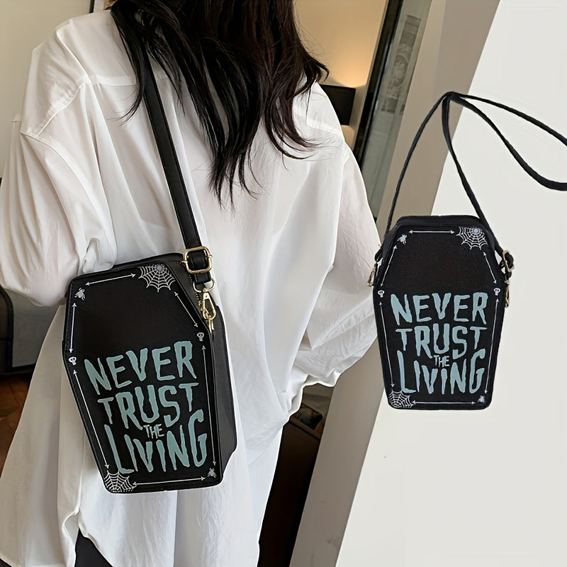 Perfect Halloween Coffin Bag • "Never Trust the Living" Design • Adjustable Strap • Zipper Closure • Polyester Lining • Dry Clean Only • Black Crossbody for Women • Halloween Costume Accessory • Trickory Desig