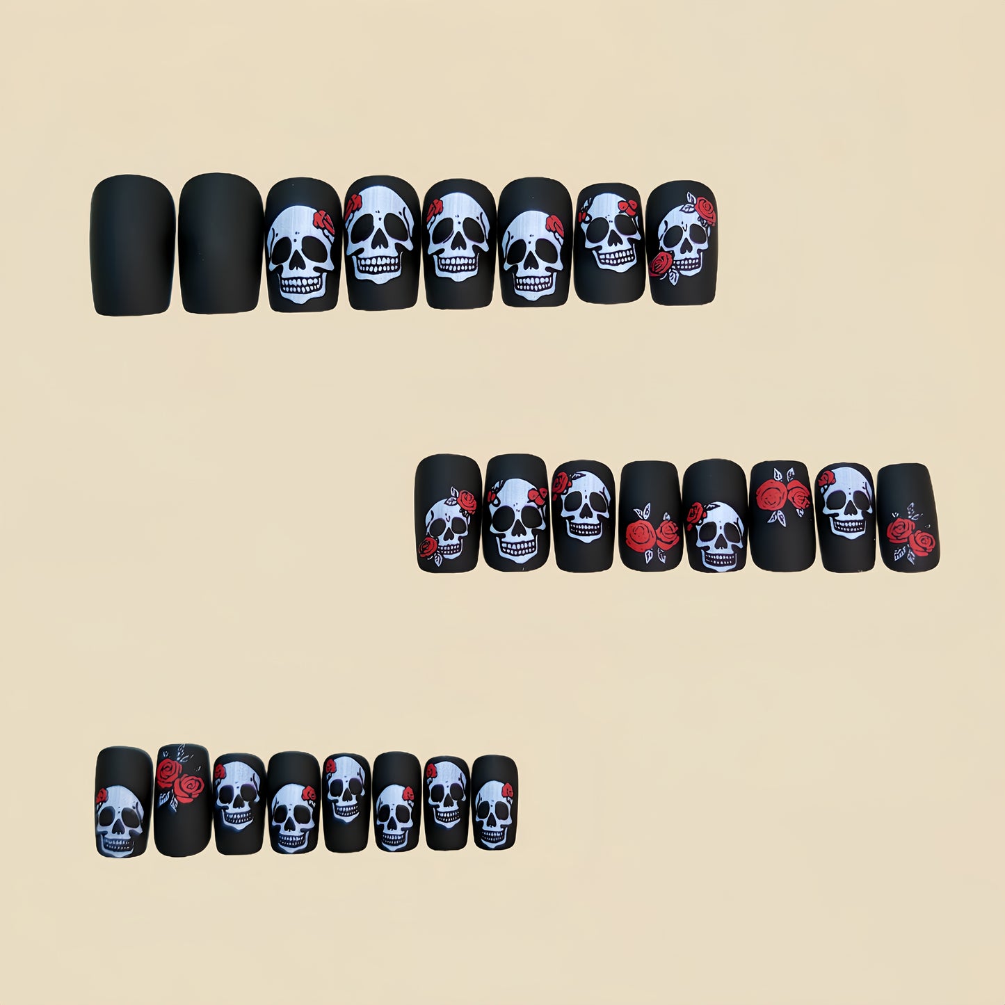 24pcs Gothic Black & & Rose Press-On Nails - Long Square Medium Length False Nails with Intricate White Skull & Red Rose Design, Matte Finish, Removable Full Set for Women, Halloween, Winter, Casual Attire, Themed Parties, Ea