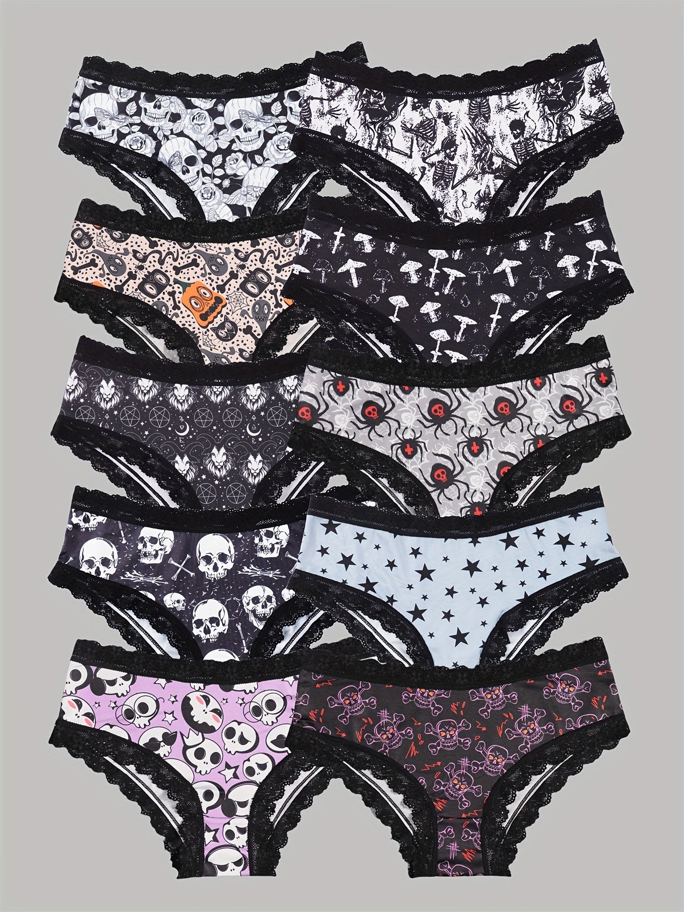 Sexy Cute Gothic Chic 10pcs Low-Rise Briefs - Contrast Lace, Allover Halloween Print, Comfortable Hipster Panties - Assorted Styles, Perfect Gift Idea for Special Occasions Or Daily Wear