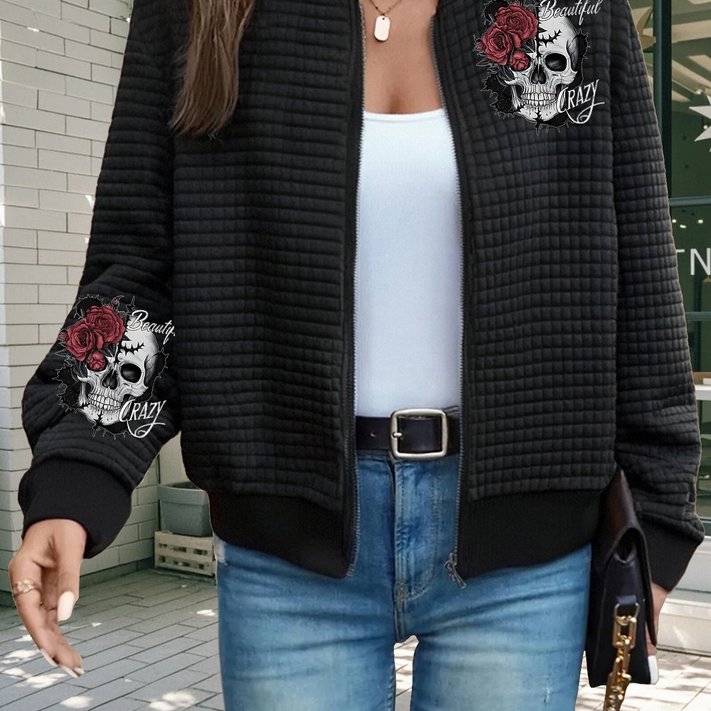 Women'S Gothic Chic Jacket - Black with Rose Skull Print, Baseball Collar Zip-Up Coat, Machine Washable Polyester Jacket for Everyday & Halloween Outfits - Edgy Outerwear, Halloween Clothes, Allseason Wear, Waffle Texture, Du