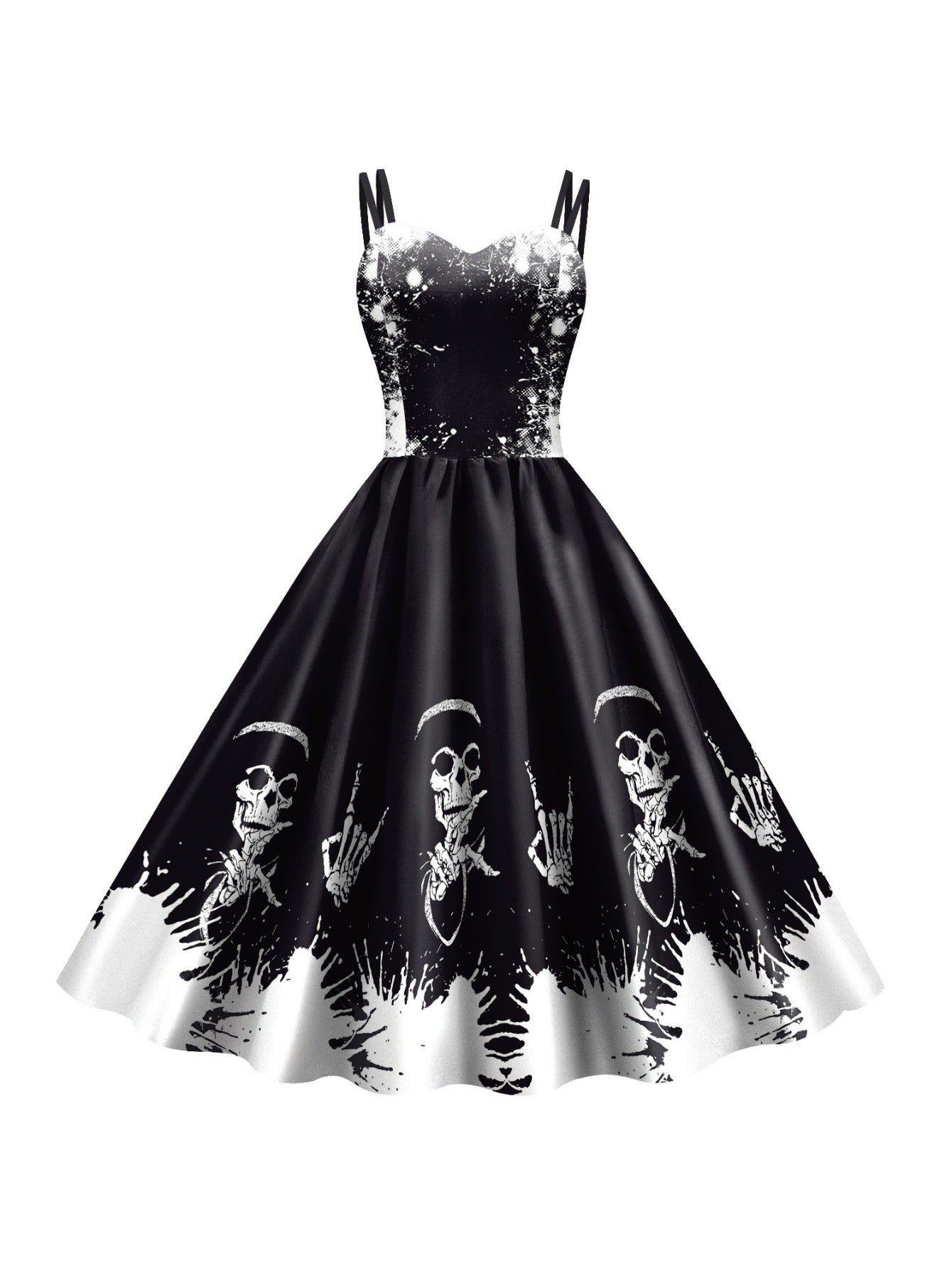 Women'S Gothic Victorian-Inspired Black & White Floral Print Suspender Dress Costume - Sleeveless A-Line Mid-Length with Ruffled Hem & V-Neck, Structured H-Line Silhouette for Halloween Carnival Party, Themed Events - Breatha
