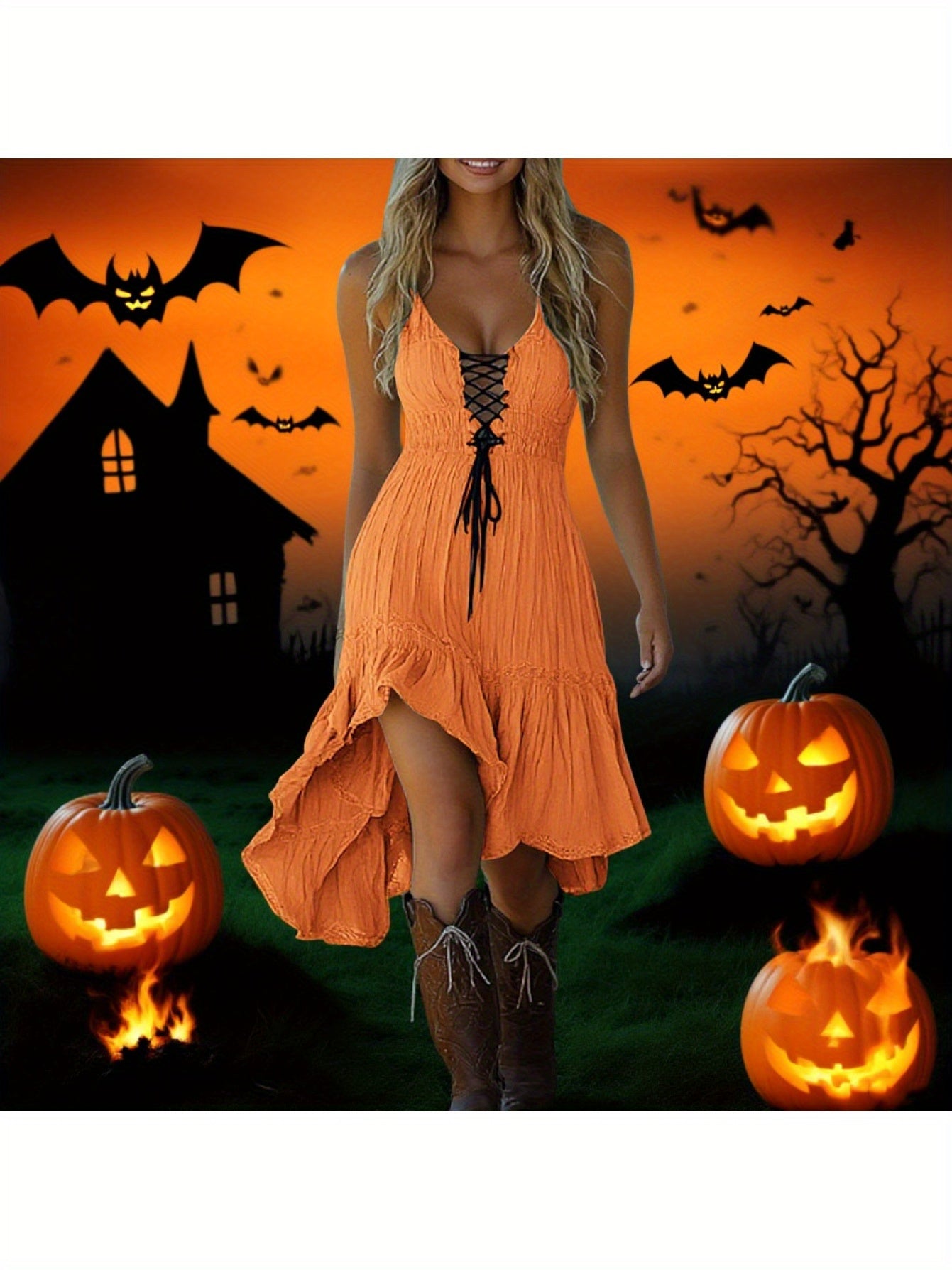 MSGWEEEG Women'S Halloween Dress - Vintage Cowgirl Midi Dress, Mustard Yellow party Outfit, Sleeveless Ruffled Hem, Easy-to-Wear Halloween Costume for Women, Halloween Party Attire, Festive Attire, Western Style, Comfortable