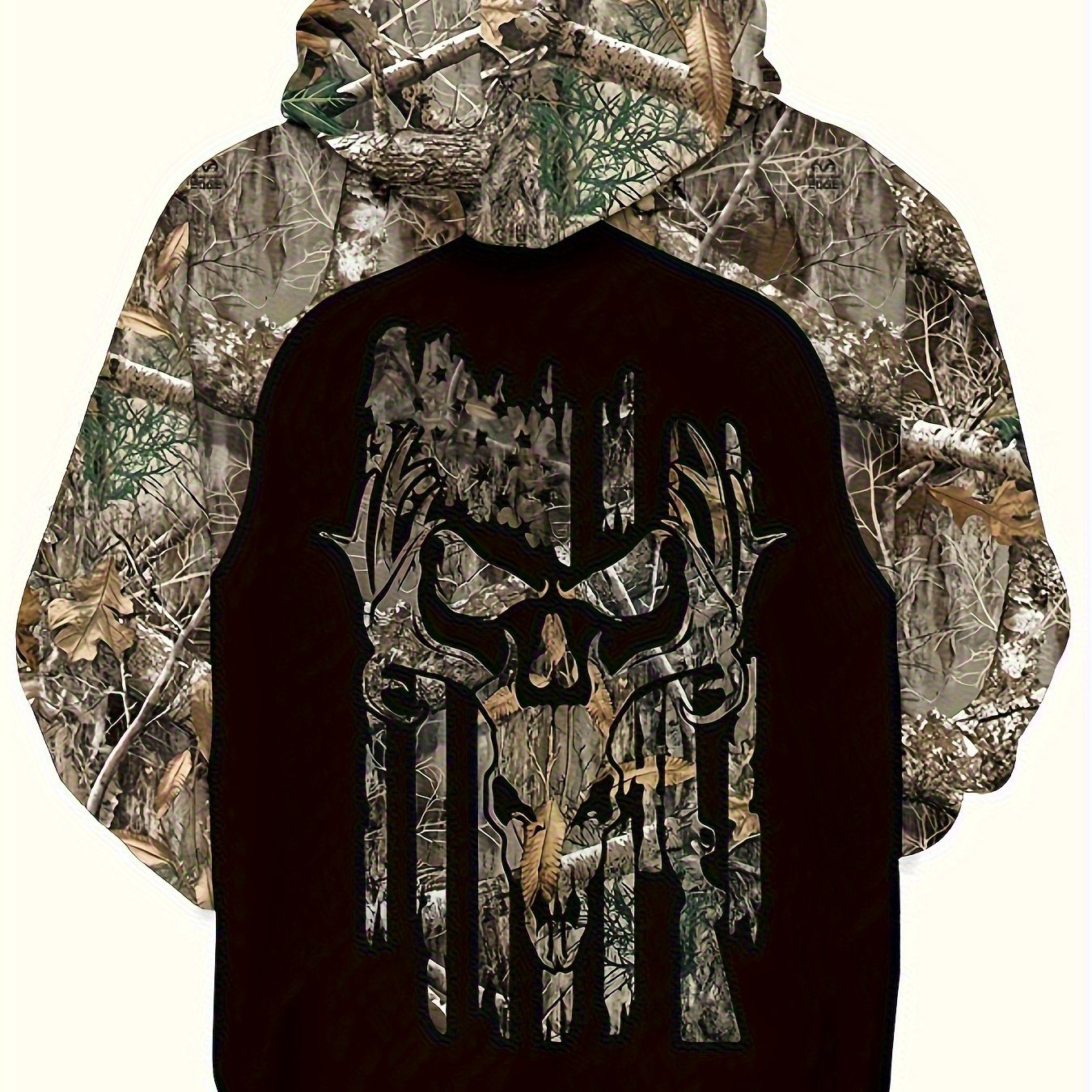 Men's 3D All-Over Camo Print Hooded Sweatshirt - Gothic Skull & Leaf Full-Zip Hoodie with Drawstring Hood, Brown/Green/Black Camo Streetwear Pullover, Machine Washable Urban Jacket for Spring Summer Fall, Regular Fit & Casual