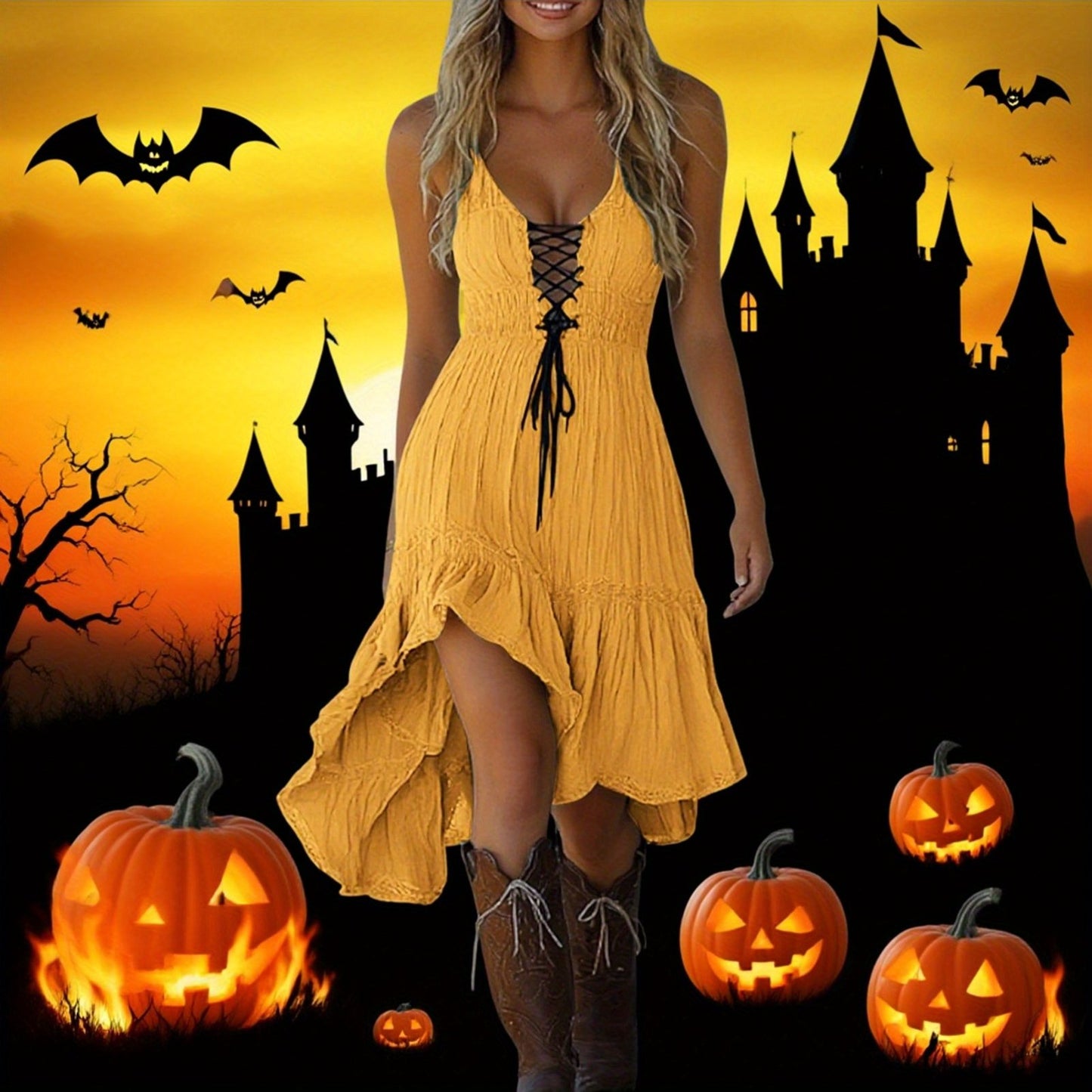 MSGWEEEG Women'S Halloween Dress - Vintage Cowgirl Midi Dress, Mustard Yellow party Outfit, Sleeveless Ruffled Hem, Easy-to-Wear Halloween Costume for Women, Halloween Party Attire, Festive Attire, Western Style, Comfortable