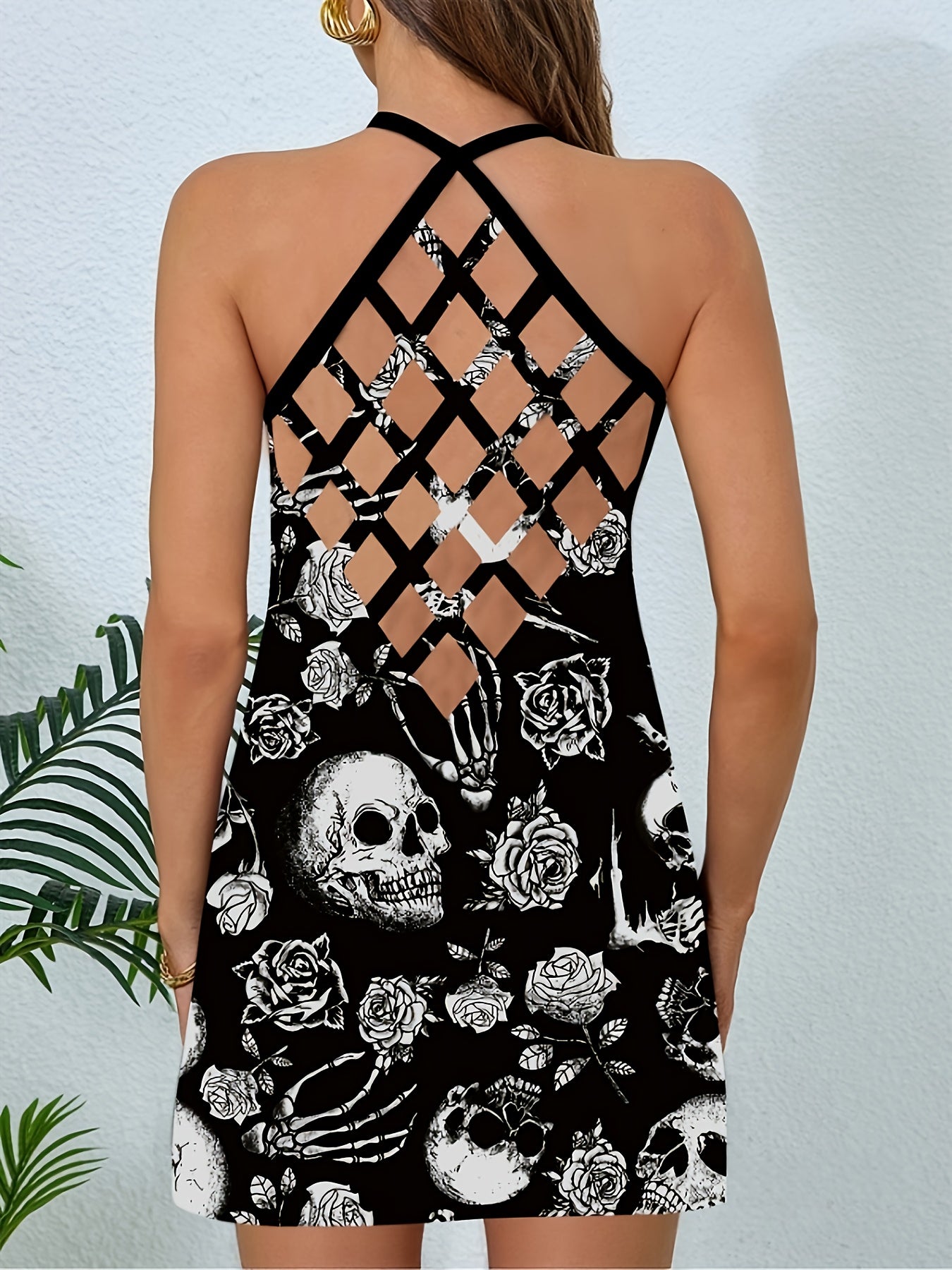 Halloween Eye-Catching Must-Have: Hot European and American Style Rose Skull Backless Spaghetti Suspender Dress, High Waist for Holidays, Date Nights, Weddings & Beach Vacation Sexy Hollow Print