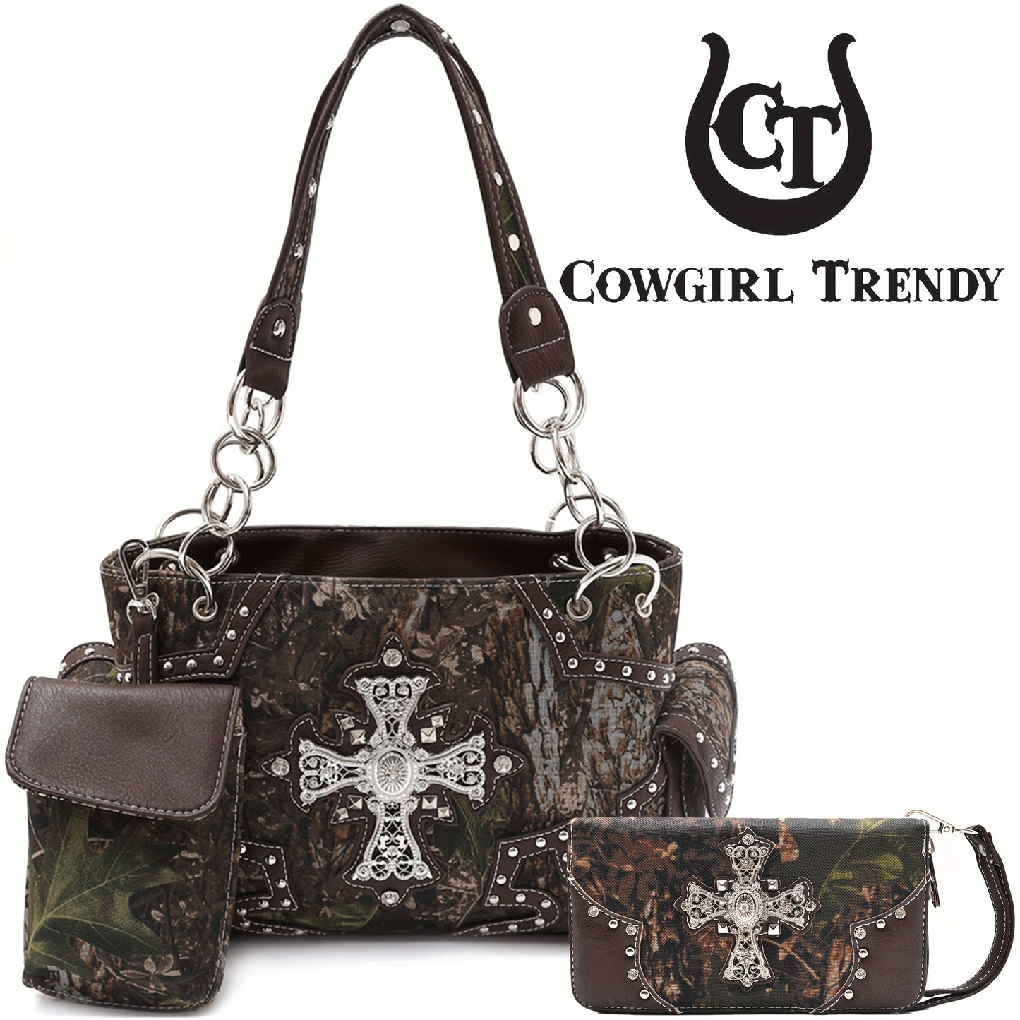 Women'S Western Cowboy Purse and Wallet Set - Synthetic Faux Leather Handbag with Zipper Closure, Structured Shoulder Bag & Wallet Combo in Light Blue, Brown, Purple, Black - for Everyday, Formal, Western Events - Easy-to-Cle