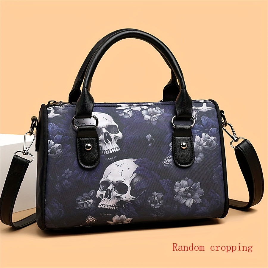 Skull Flower Pattern Handbag, Gothic Boston Shoulder Bag, Halloween Crossbody Bag For Women