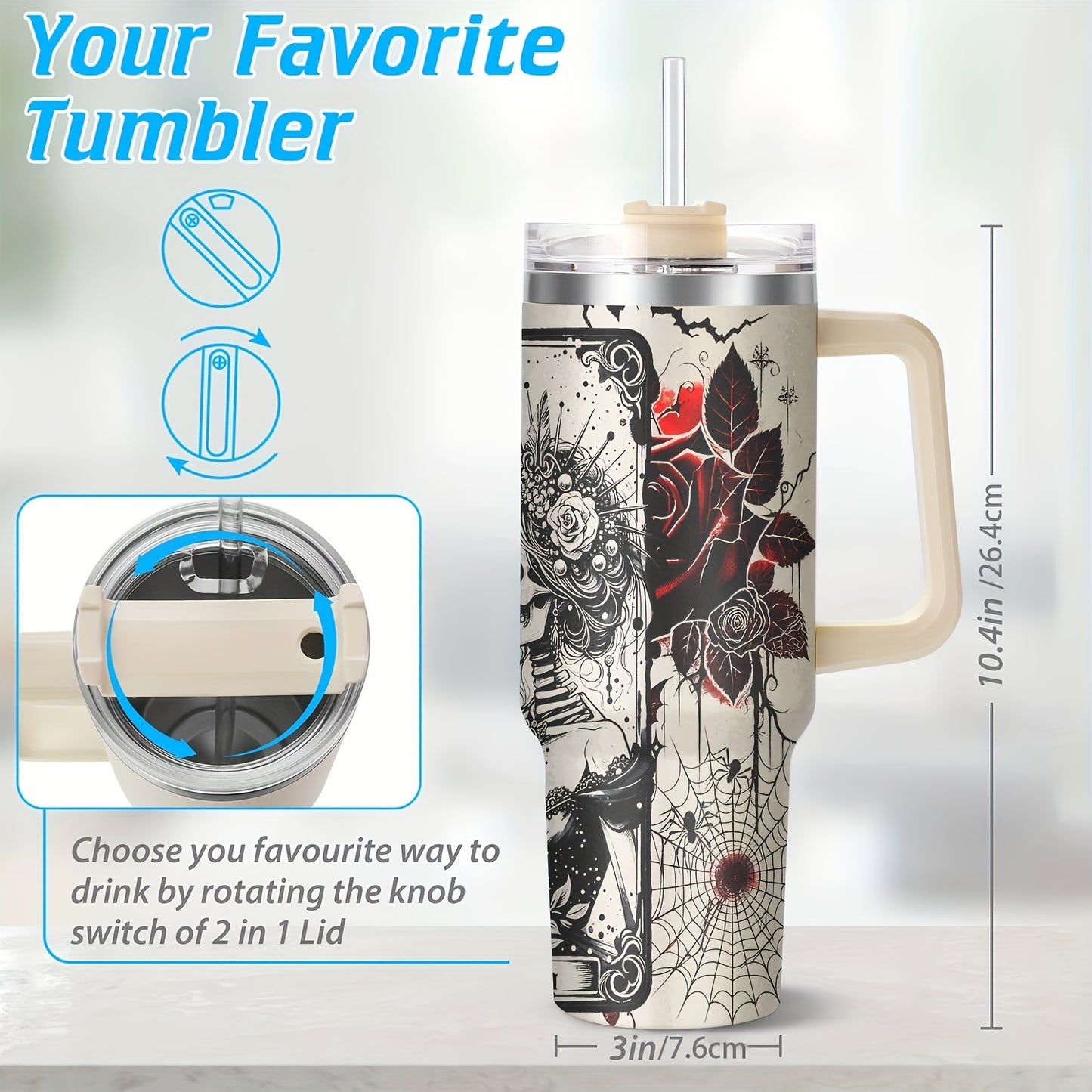 40oz Stainless Steel Tumbler with Lid - Halloween Skeleton Bride Design, Reusable & Hand-Wash Only, Perfect for Car Travel & Gifts