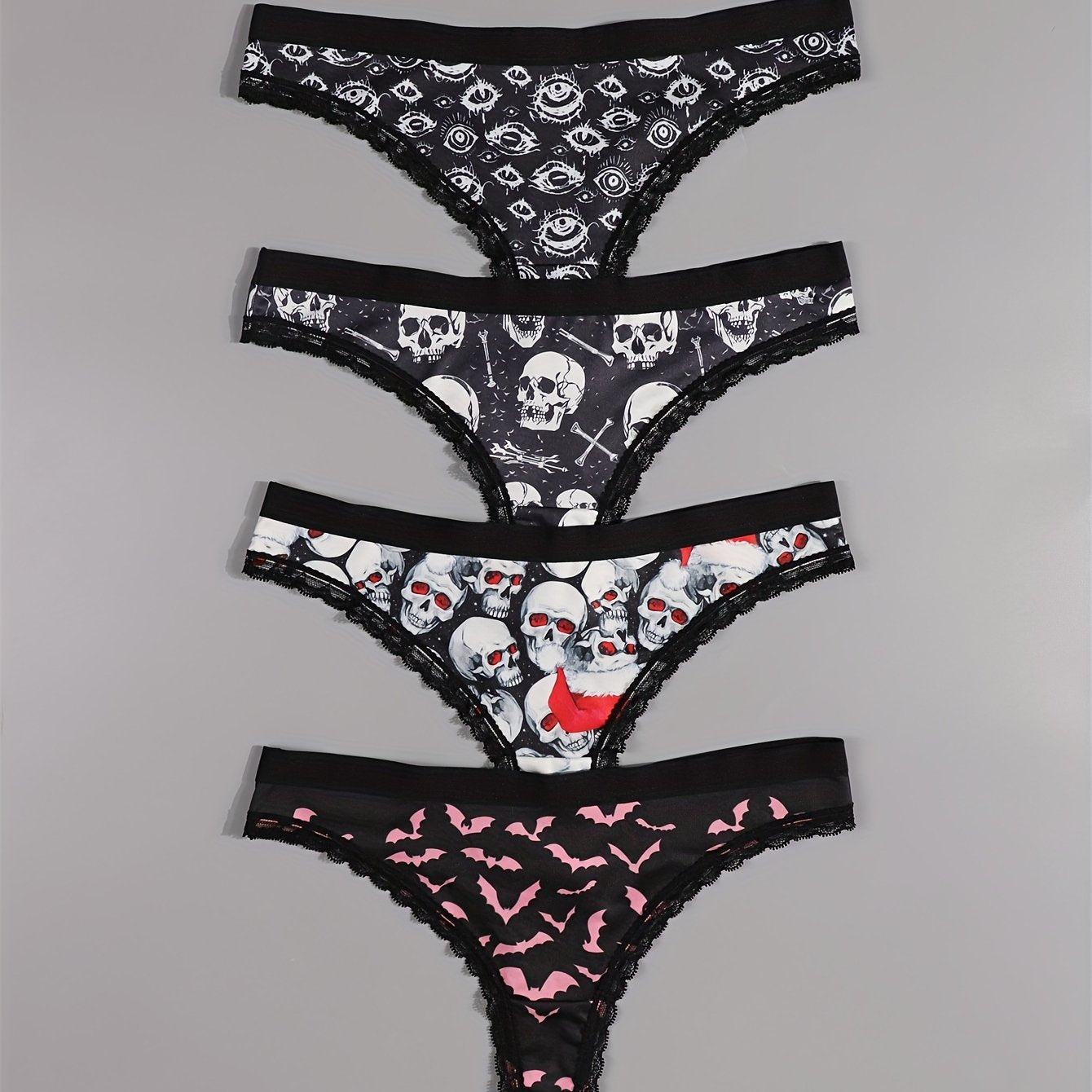 4pcs Gothic Lace Thong Panties - Black Skull & Eyeball Design with Mushrooms & Bats, Comfortable Silky Intimates for Women, Halloween-Themed Lingerie, MORVIA Brand, Halloween Lingerie | Skull Print Design | Silky Texture, Hal